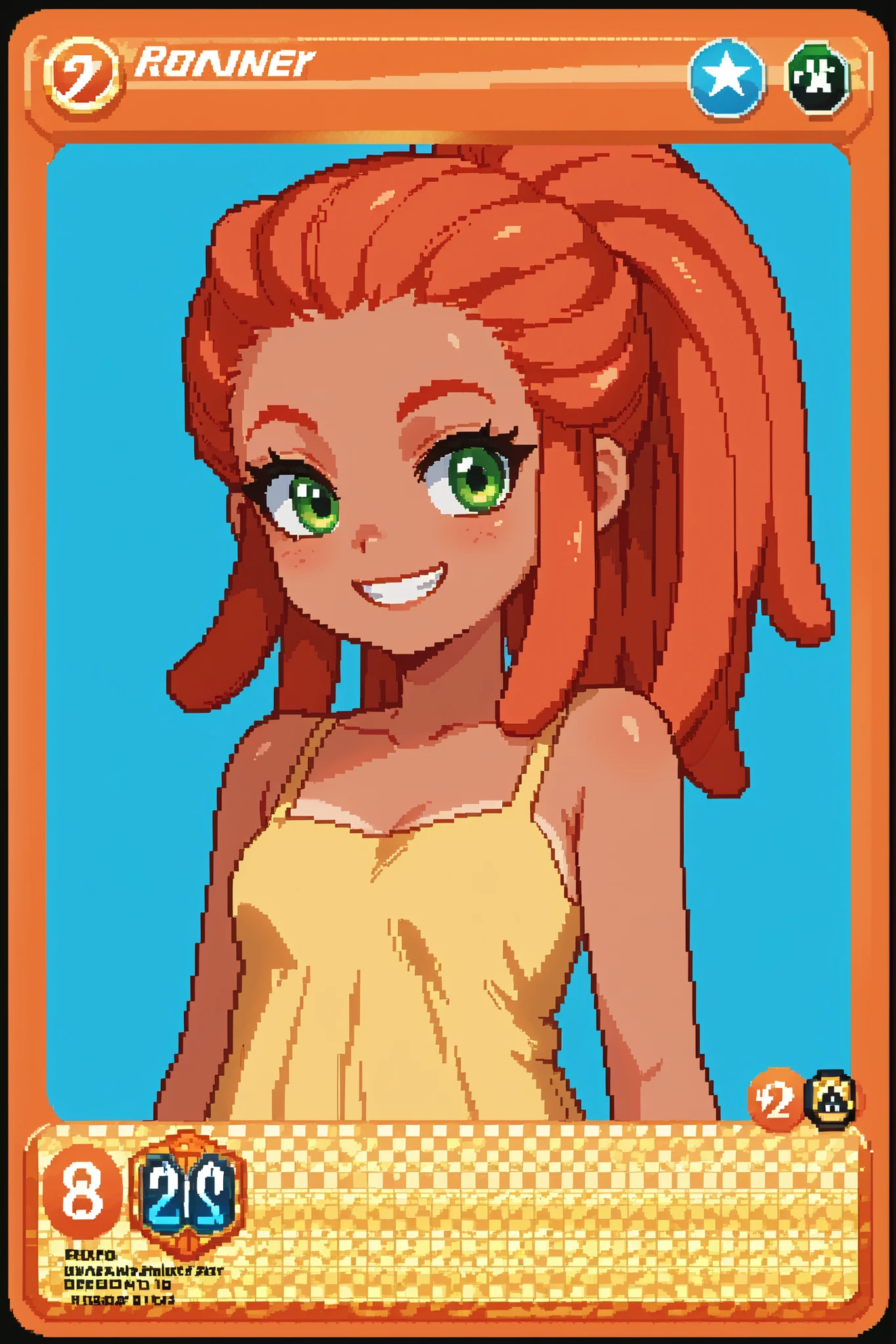 score_9, score_8_up, score_7_up, source_anime, 1girl, solo, pixel art, tr4dingcard, card (medium), english_test, common_rarity_icon, N, trading_card, white_trade_card_frames, solo, redhead, BREAK
(Red hair), dreadlocks, tanned skin, green eyes BREAK
Yellow sundress, small breasts BREAK
Portrait, upper body, blue background, simple background, smile, closed mouth, teeth