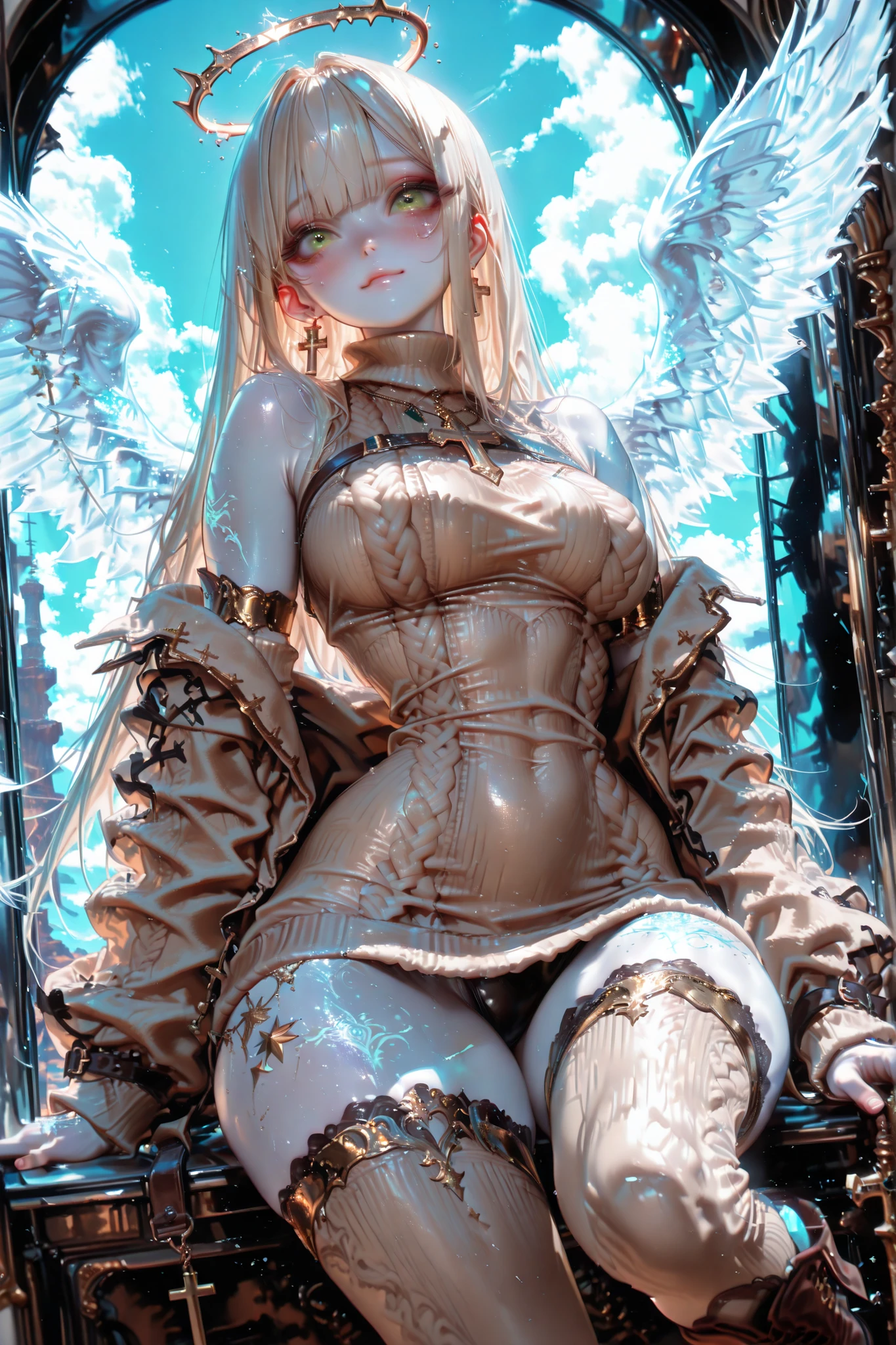 From below, (absurd, highres, ultra detailed), 1girl, mature woman, intricate details, enlarged textures, intricate details, finely detailed eyes and detailed face, intricate details, red hair, (closed mouth), (masterpiece, best quality), 1lady, solo, (white scaly body), halo, wings, fallen angel, showing lots of skin, large breasts, bent over, hands spreading booty, looking back at the viewer, from below