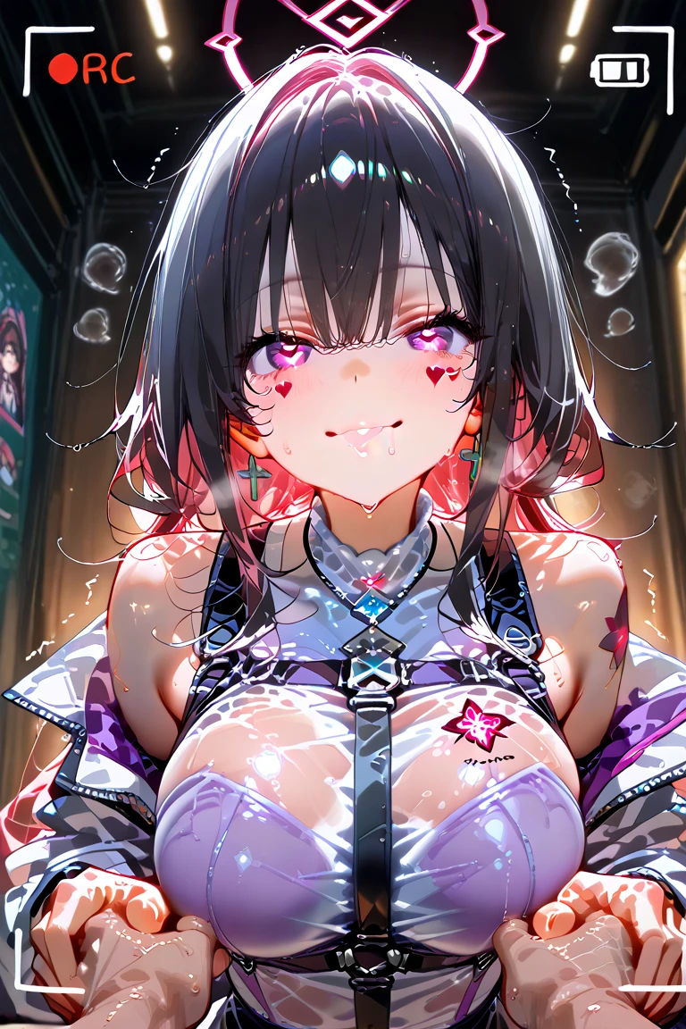 best quality, masterpiece, ultra-detailed, illustration, ratatatat74, dynamic pose, Yoru, yorucsm, face scar, red eyes, black hair, looking at viewer, (evil smile), heavy eyeliner, (wearing a leather jacket, platform boots:1.2), adorned with studded accessories, (layered necklaces), bold patterns, (torn fishnet pantyhose:1.2), black miniskirt, dramatic makeup, black nail polish, oversized rings, close-up shot, thick thighs, big breasts, big ass, wide hips, hip dip, glossy lips, cinematic lighting, volumetric lighting, vibrant colors, ray tracing, intricate details in 8k or 4k resolution