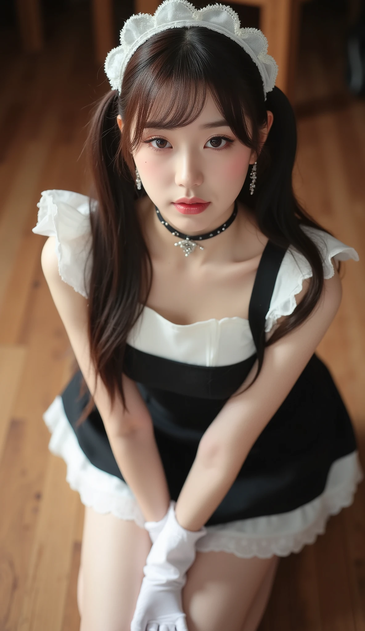 32k, Masterpiece, top quality,  ( Korea's Beautiful Woman)   High-angle, close-up view, pigtails, maid outfit, white top, black bodice, short skirt, lace, kneeling, serene expression, eyes closed, hands clasped, white gloves, wooden floor, warm lighting, indoor setting, soft romantic feel, cosplay, themed photoshoot, warm muted colors, browns, white, black.