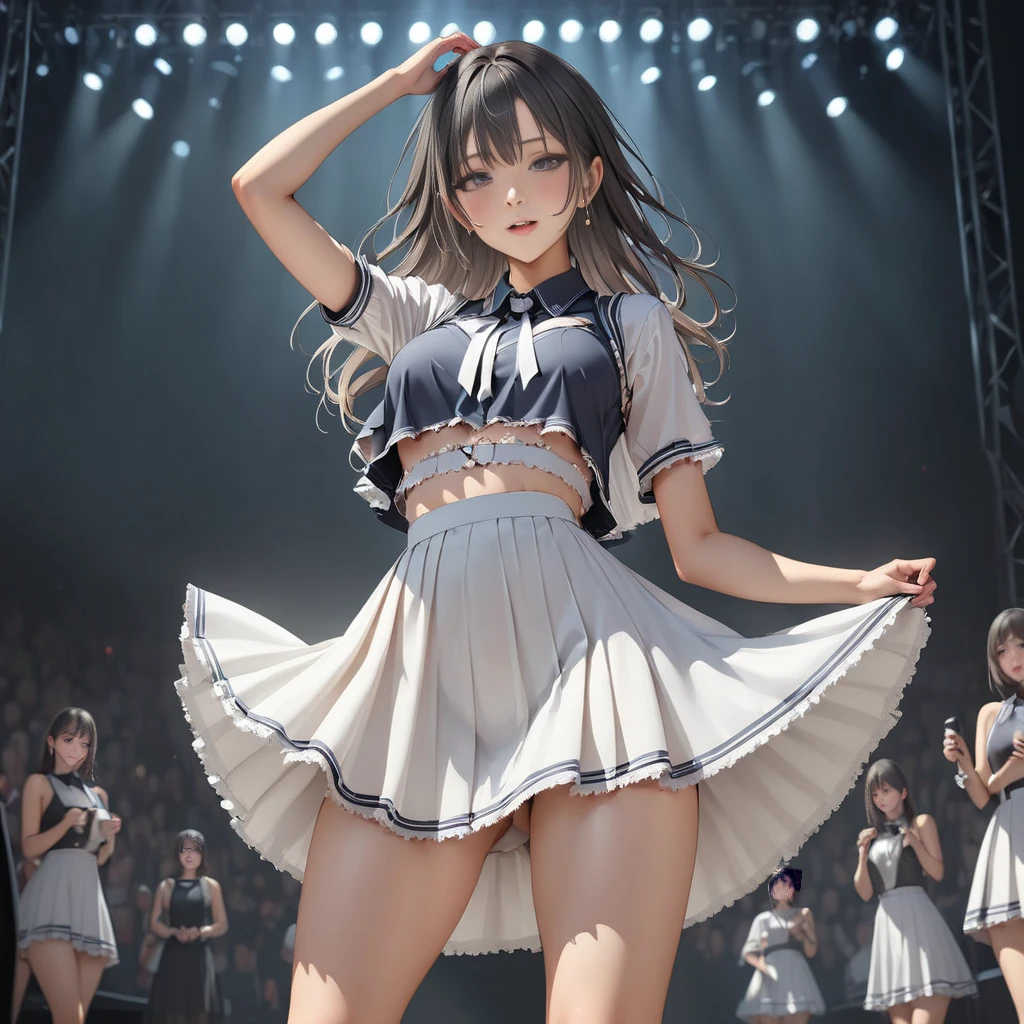(NSFW), ((masterpiece)), ((highest quality)), (Super detailed), ((cute)), cute, (Lovely), ((sexy)), (ero), ((very detailed)), 4K, (8K), highest quality, (beautiful), anime style, hyper realistic, real, (close up:1.3), ((multiple girls)), cute girl, (idol costume, mini skirt:1.5), (looking from below:1.3), (hyper cute face), beautiful light brown hair, beautiful black eyes, ((beautiful eyes)), large breasts, embarrassing, blush,(concert hall:1.3), (pov, Microphone, spotlight, white panties, show off panties:1.5), shiny, shine