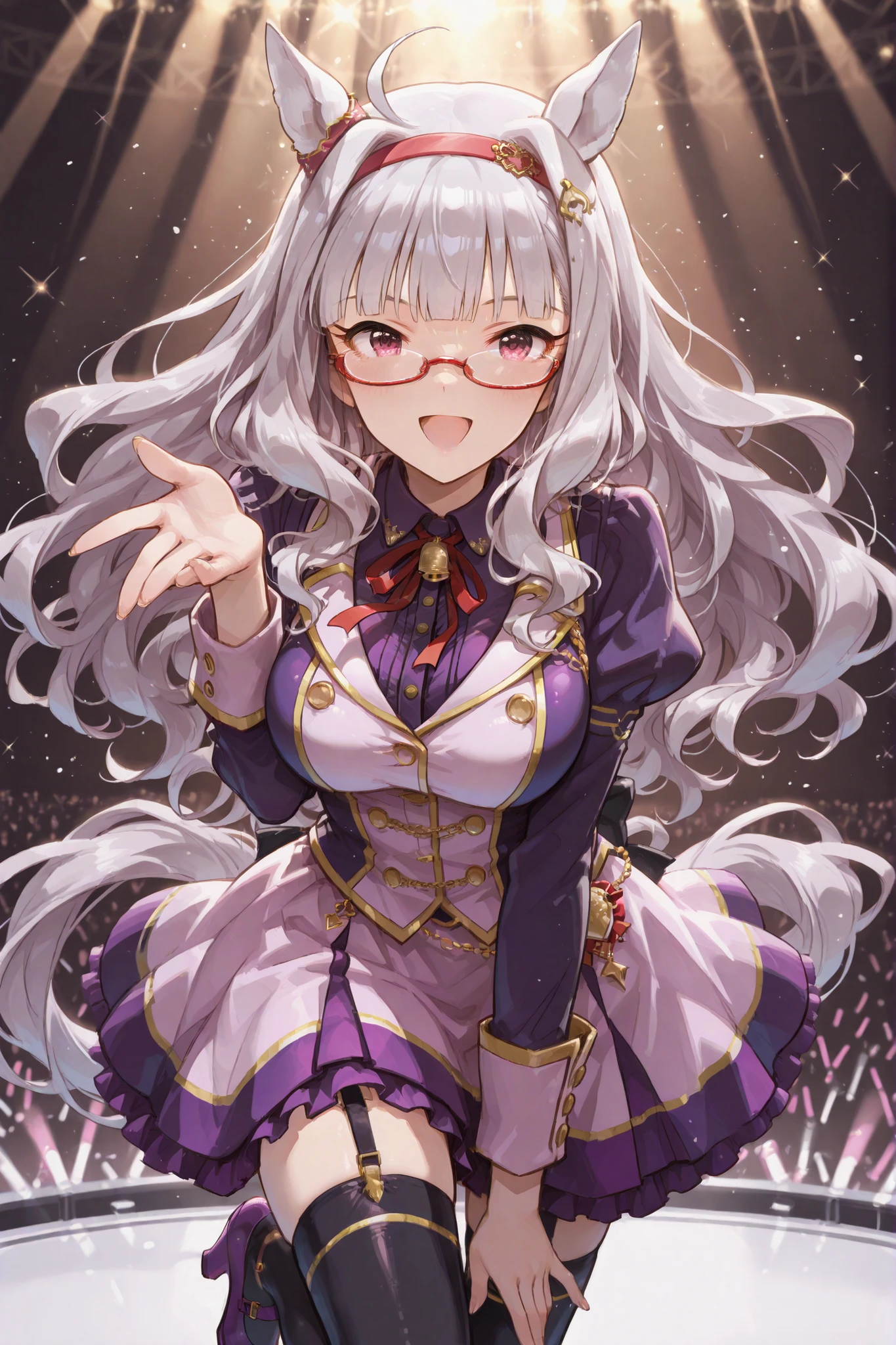 biwa hayahide\(umamusume\) horse tail, ahoge, hair ornament, wavy hair, white hair, yellow eyes, glasses, animal ears, ear ornament, large breasts semi-rimless eyewear, under-rim eyewear, red-framed eyewear, long sleeves, neck ribbon, red ribbon, puffy sleeves, juliet sleeves, buttons, purple shirt, dress, jacket, purple skirt, bell, miniskirt, zettai ryouiki, garter straps, black thighhighs, purple footwear, high heels,,,tknshj, medium breasts, blunt bangs, hair intakes, hairband, long hair, grey hair, purple eyes,yabuki,shijou takane(idolmaster), biwa hayahide\(umamusume\) Biwa Hayahide from Uma Musume and Shijo Takane from Idolmaster, both wearing their respective game's stage/racing outfits, singing joyfully with big smiles on a simple stage. They are in an energetic, celebratory, 'Umapyoi-like' pose, with a focus on their expressions and interaction. Simple background, bright lighting. 2girls