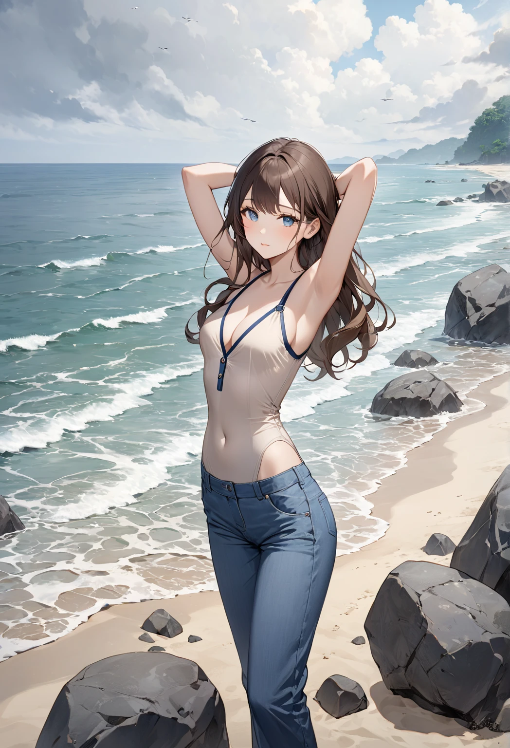 One Girl、最high quality、high quality、masterpiece(Bikini Tops, Blue Jeans Pants:1.3), (skinny jeans:1.3), Medium chest, Brown Hair, Long Hair, Floating Hair, Straight hair, Open forehead, (barefoot), blue eyes, (belly button:0.8), skinny, thin, Wide Hips, thinウエスト、View your viewers,smile,White background only,whole body,From the side,One knee,Look to the side(Little),(Littleキャラ)
