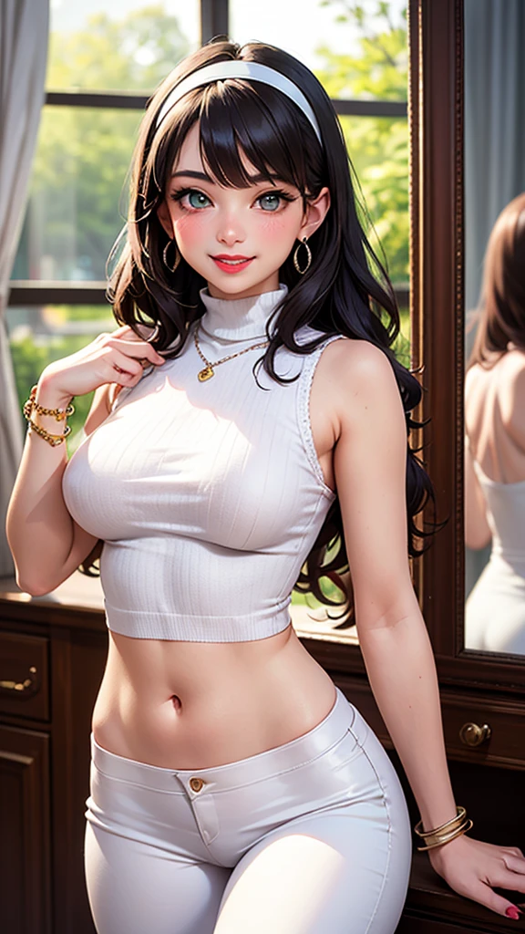 (best quality, ultra-detailed, photorealistic: 1.39), bright and vibrant colors, studio lighting, romantic expressionmasterpiece, best quality1girl, solo, black hair, very long hair, blue eyes, hair scrunchie, looking at viewer, lips, shy smile, cowboy shot, pantyhose, short shorts, turtleneck, t shirt, cleavage, ahegao face, small breasts, luxury resort 