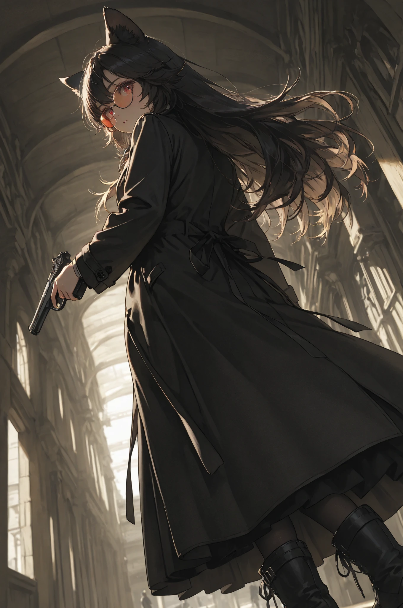 score_9, score_8_up, score_7_up, xenotr1p, monochrome, noir style , orthodox_nun, nun, black cassock, female, medium breast, cigarette, pistol, smoke, low angle, dominant pose, from behind, <lora:ZEL\orthodox_nun_v0.2-000009.safetensors:0.8:1> <lora:ENCHANCE\XL_lora_offset_02.safetensors:0.3:1> <lora:pony_style\Xenotrip_v.2.safetensors:1:1> <lora:ENCHANCE\add-detail-xl.safetensors:0.6:1>