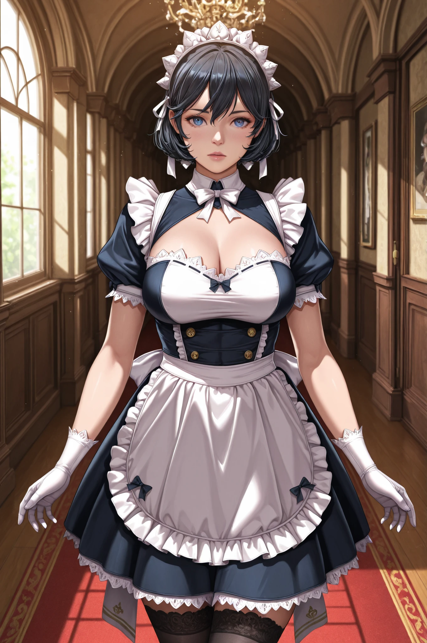 (best quality, absurdres:1.4), (hyper cinematic, hyper detailed, sharp focus, depth of field, 8k), 1girl, symmetrical face, apricot pixie cut, big breasts, hourglass figure, warsp waistline, ((Maid Bikini, Playful, Polka-dot, Green, Cotton, Red polka dots, Ruffle trim)), [standing::2], (1800s house hallway with luxury accents:1), (volumetric lighting, Layered Atmospherics, Aureate Diffusion)