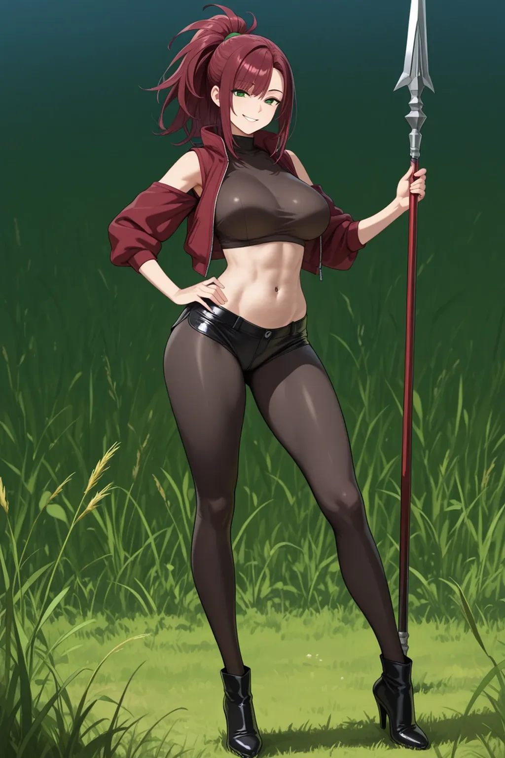 1girl, solo, ((full body)), (((she wears sport shoes)), masterpiece, (high detail:1 1), Rough face, Natural skin, high quality, Sakura Haruno，black hair, ((long hair)), ((bangs hair)), detailed hair， white eyes,（Big breasts:1.2 ），( smile:1.2），Face blush，Sexy figure, perfect bodies, beautiful eyes, (Detailed face and eyes), (face: 1 2), voices, Extra, real photo, ... ... ........... PSD, sharp focus, contrast lighting, Delicate skin, High definition 8K, incredible details, realistic, professional photo shooting, 8K UHD, SLR camera, soft lighting , high high quality, film grain, Fujifilm XT3, magic, particle FX, (((leather flare pants))), (((she wears leather flare pants))), (((leather tank top))), in the forest, dark forest, horror forest, lavender field, looking at viewer, (((Show cameltoe))), ((full body)), ((standing)), gloves, nipples, (((front view))), ((((she wears knee protectors and arm protectors))))