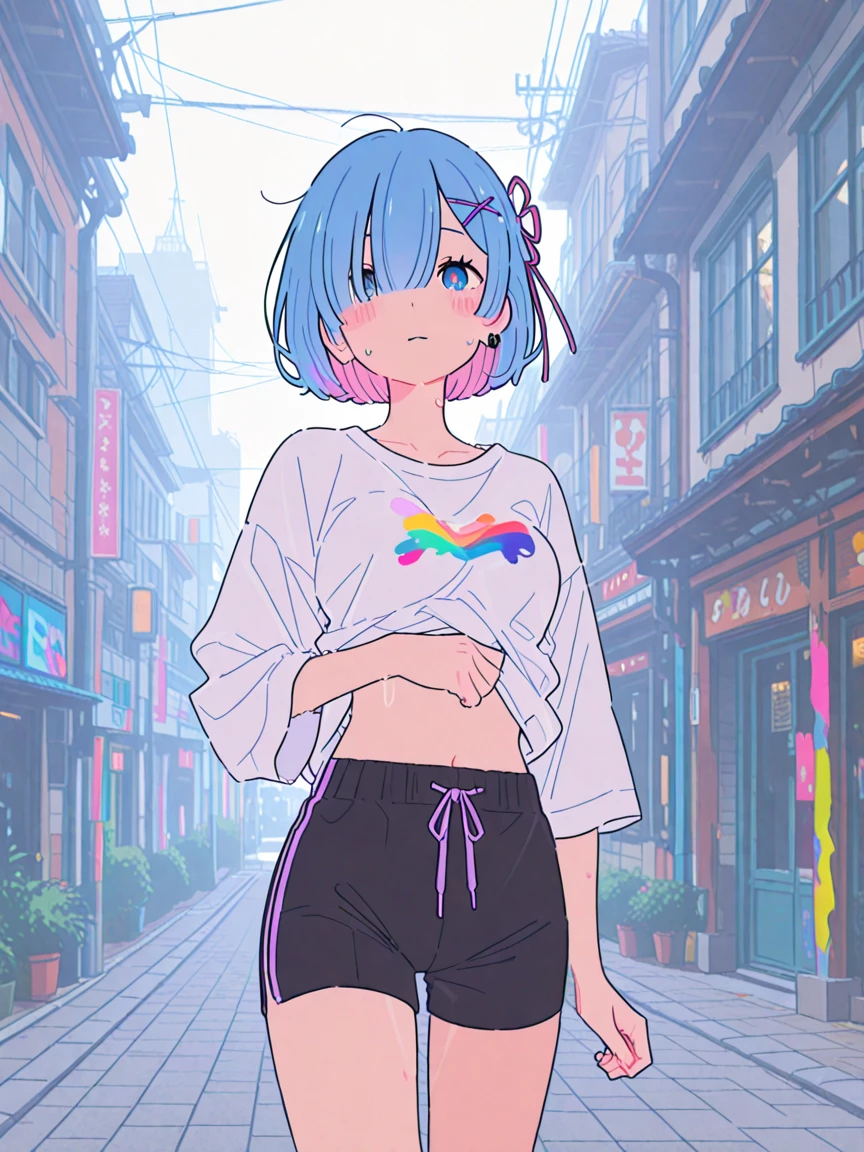 pastel flat color,(best quality, masterpiece, ultra highres, ultra-detailed) ,Girl standing along the road by the sea,very happy,Beautiful detailed scenery,pose for viewer,
(teen,detailed face,(darkblue wavy-short hair),eyebrows,middle small breasts),(face waiting for kiss),inspired by Victo Ngai cmyk palette,anatomically perfect,BREAK color-block short jacket,bellybutton t-shirt,mini skirt,