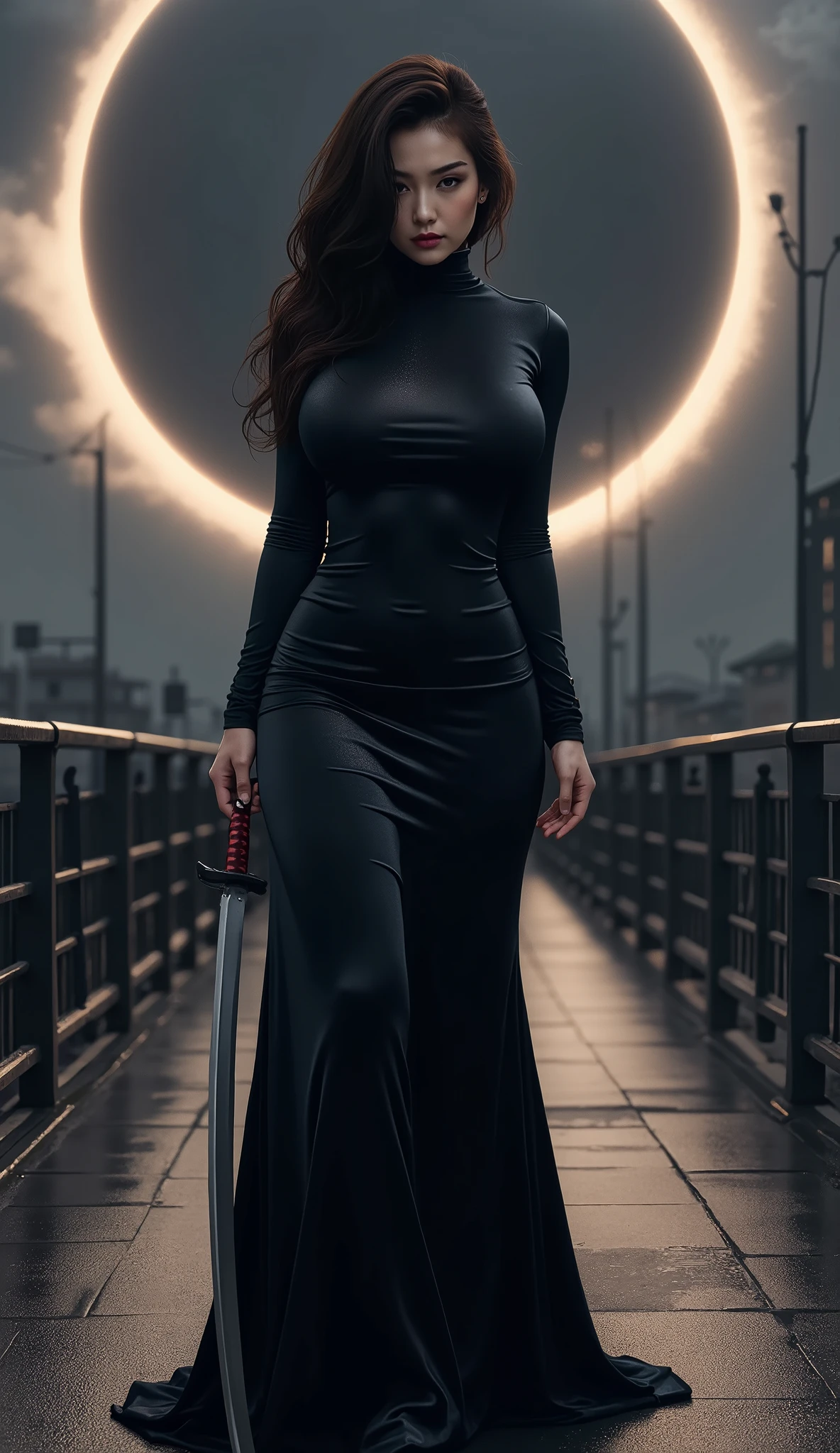 Female Japanese singer, wearing black maxi bodycon velvet dress, turtleneck, long sleeve, big breast, holding katana, standing on the bridge, front view, dark background with eclipse