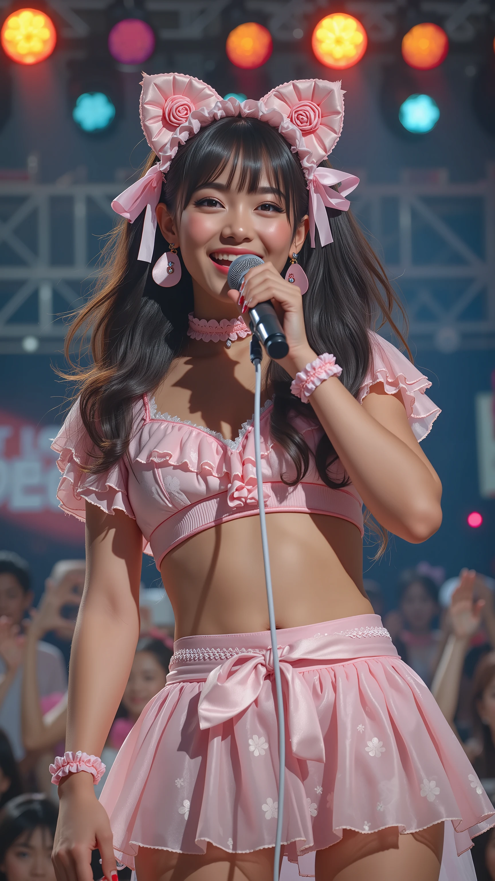 A cute Japanese female idol on stage, wearing a pastel pink frilly idol costume, smiling brightly, colorful spotlights, holding a microphone, cheering crowd in the background, photorealistic, cinematic lighting, soft skin texture, 4k ultra realistic