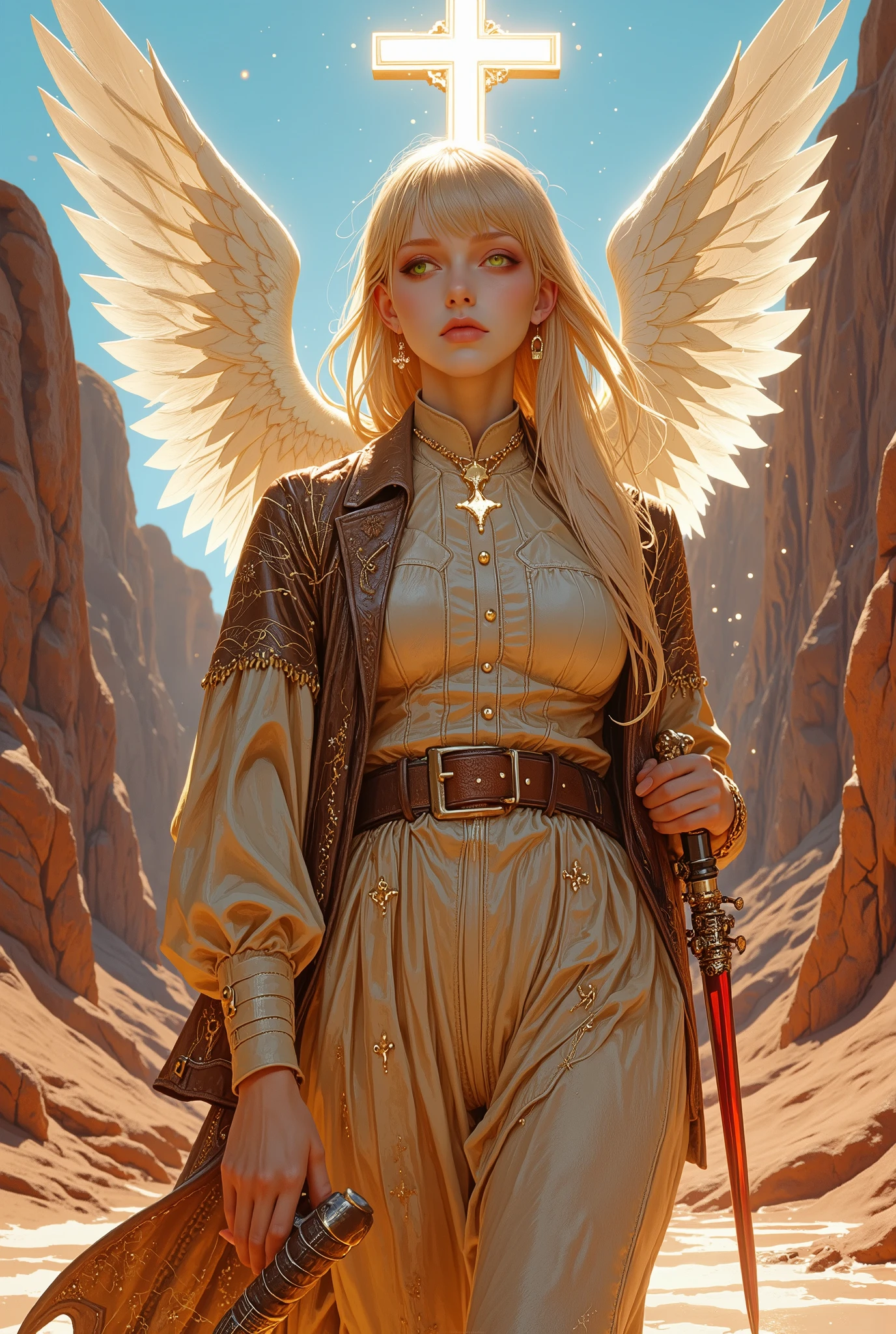 (tangobat:0.7),(Sakimichan:0.7),(High quality CT,4K,High resolution,main part:2.3),(Very detailed,realistic:1.37,Best quality,masterpiece, high resolution,on_body), (Tyndall effect,photorealistic, edge lighting, Two-color backlight),(high definition of skin:2.3), (8K UHD, DSLR quality, soft lighting, high quality, surround lighting, sincere, de 8K , 4K, 8K.) The winged woman is angel. She has a mature bodybuilding with big breasts , thin waist and wide hips. She has a peachy pale skin. She has glowing green eyes with star sigils. She has angel wings on her head. She has longest blond gold straight hair, with symmetrical flat straight bangs. She is wearing a longest skintight beige knitted sweater dress. She wearing a pastel brown knitted jacket with gold lacing on sleeves. she wearing a brown cowboy ankle boots - cossacks. She has a gold glowing halo with above her head. She has a four huge white wings on her back. She carries with her a red crucifixion-sword, an Orthodox Christian cross with eight ends. On the background: canyon , scarlet rocky desert,light blue sky of noon.