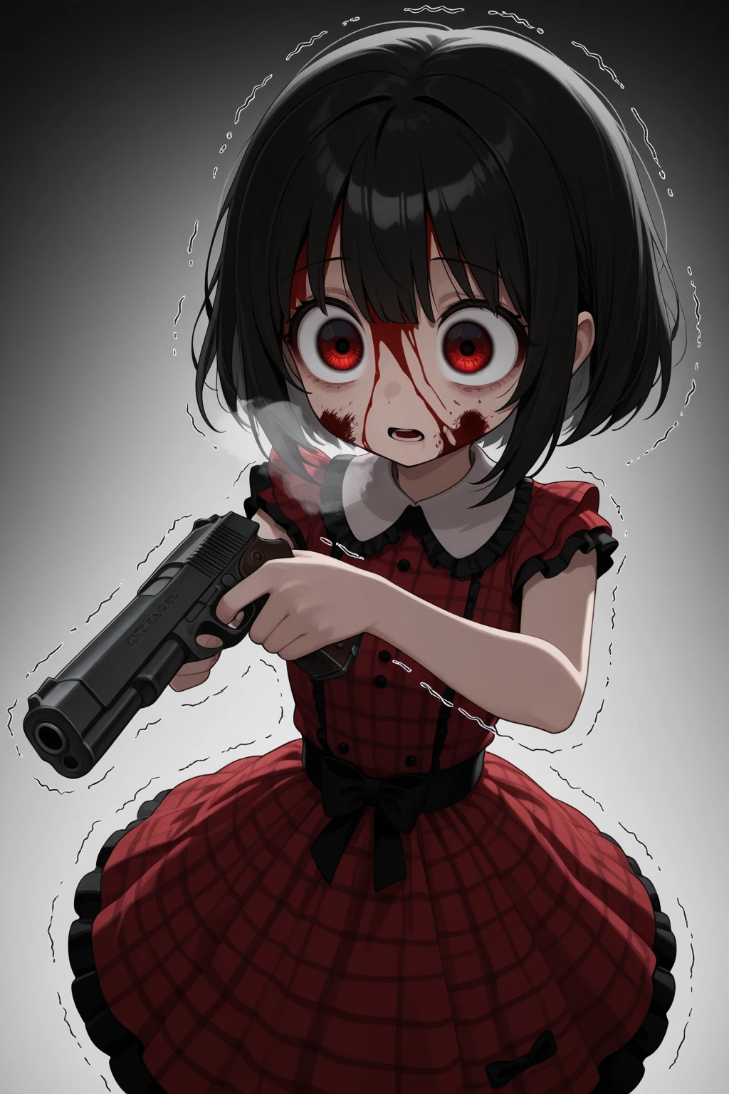 a cartoon image of a girl with red hair holding a gun, crimson themed, [[blood]], bloody + concept art, bloody, crimson color blood tears, crimson red hair and red eyes, chibi, advanced digital chibi art, bloody scene, blood, inspired by Louis Grell, bloody tears, [[[[grinning evily]]]], fanart