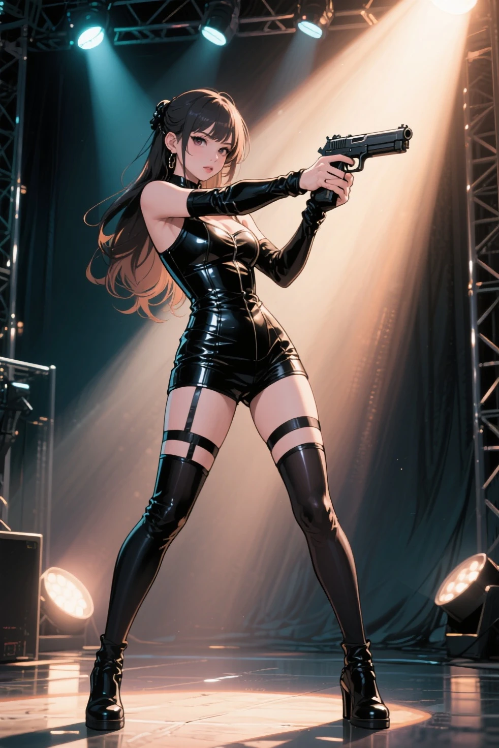 (muste piece), sexy、natural light, It's photorealistic, camel toe, diffused light, Depth of the bounds written, professional lighting、Big eyes、eyes are blue、blonde、Russian、Black leather jeans、Black leather pants、black t-shirt、Rock、microphone on right hand、The background is a drummer、Number of accessories on the arm々、Skull Accessories、Hair is unkempt、Sweat scattering、Packed audience in the background、