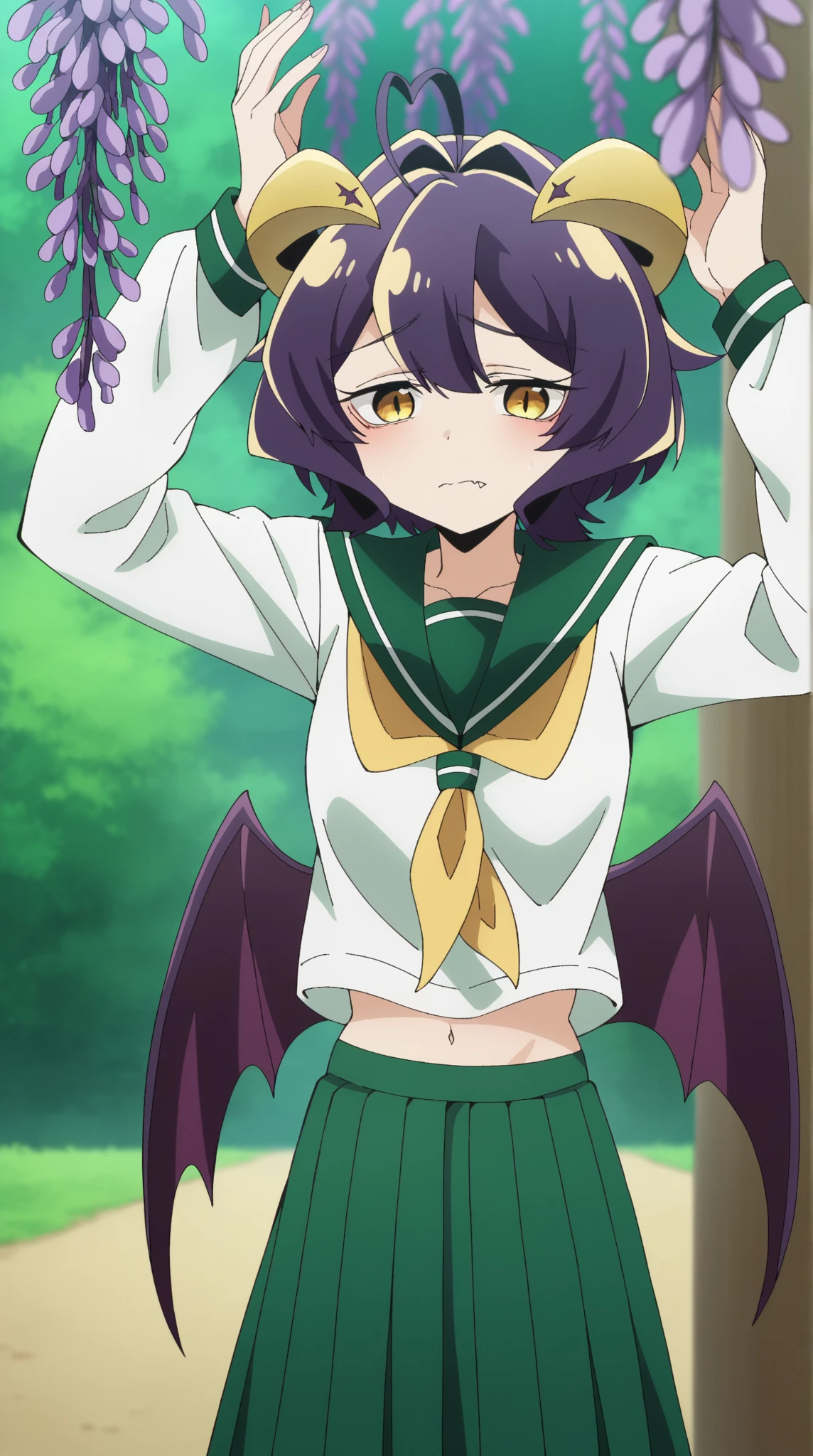 purple effect,effect,spectral paint,navel, wings, horns, fang, demon girl, demon horns, demon wings,,skirt, shirt, long sleeves, school uniform, white shirt, pleated skirt, serafuku, sailor collar, neckerchief, green skirt, green sailor collar,,utena hiiragi, short hair, yellow eyes, purple hair, ahoge, hair intakes,Wisteria Spirit, dreamlike wisteria monster woman with cascading purple blossoms for hair, long elegant limbs and graceful curvy body, soft glowing skin, hanging upside down from a tree branch, sleepy gentle gaze, moonlight filtering softly through the leaves, delicate petals swirling around her, magical forest atmosphere, high detail, anime style, 16:9 ratio