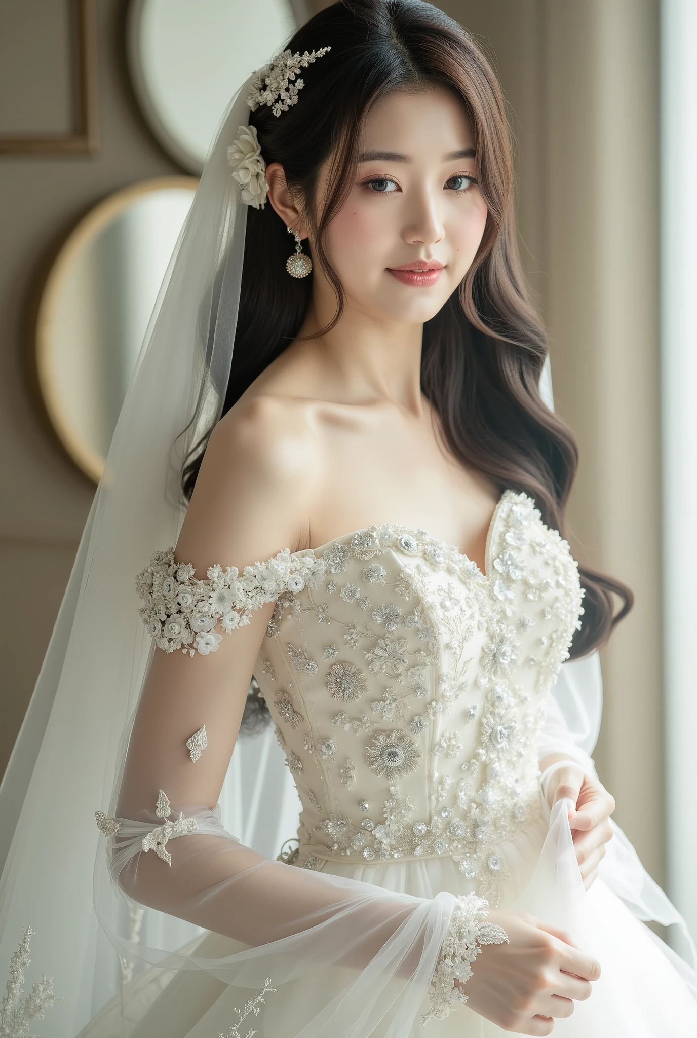 A ghostly bride wandering the halls of a dilapidated mansion, her ethereal form glowing softly in the dark, the intricate details of her Victorian gown and the surroundings hinting at a tragic, romantic backstory.