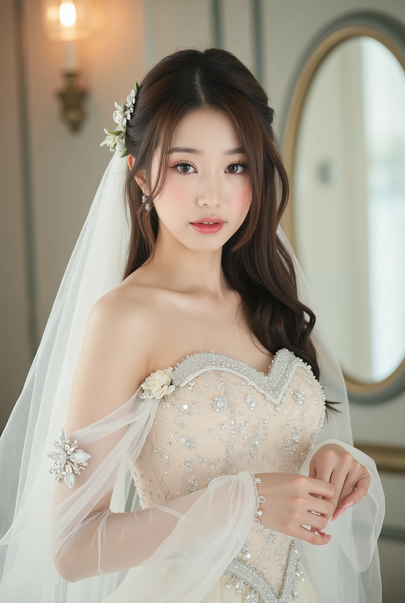 The image showcases a beautiful young korean woman dressed as a bride. She wears an elegant white wedding gown adorned with intricate floral embellishments and shimmering sequins. The dress features an off-the-shoulder design with bustier that accentuate her cleavage, accentuating her delicate shoulders and décolletage. Her long, dark hair cascades gracefully, partially covered by a sheer, flowing veil. She holds the edges of the veil with both hands, lifting it slightly as she gazes softly into the camera with a serene and enchanting expression. The background includes mirrors and soft, neutral tones, adding depth and elegance to the scene. The lighting is gentle and diffused, enhancing the dreamy, romantic atmosphere of the photograph.