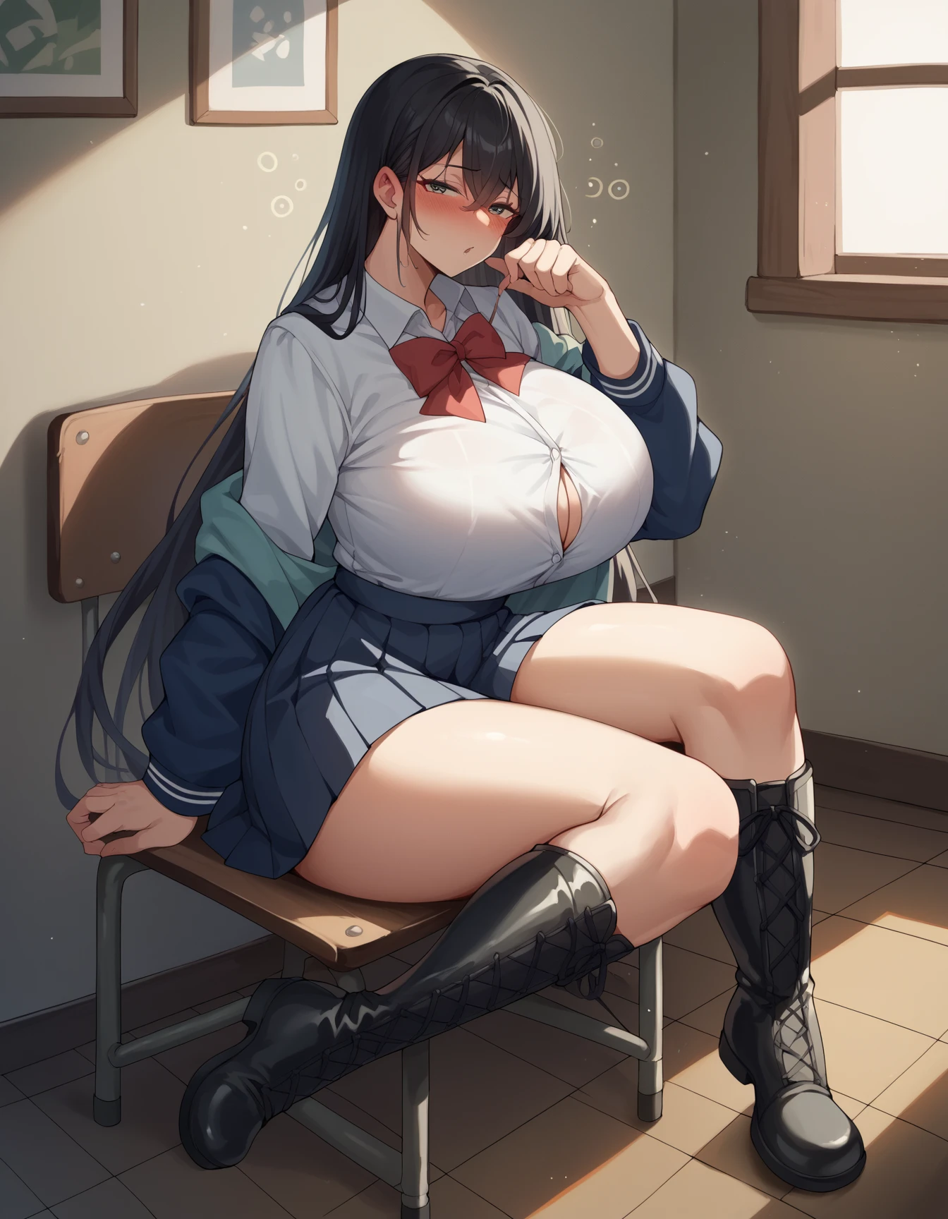 (masterpiece), (1 serious public discipline chairman: 1.3), (super thick and plump body: 1.3), (huge breasts and butt)), (small head: 1.2), (extremely small uniform)), (shiny skin: 1.2), (speech while crouching on the schoolyard morning stand))