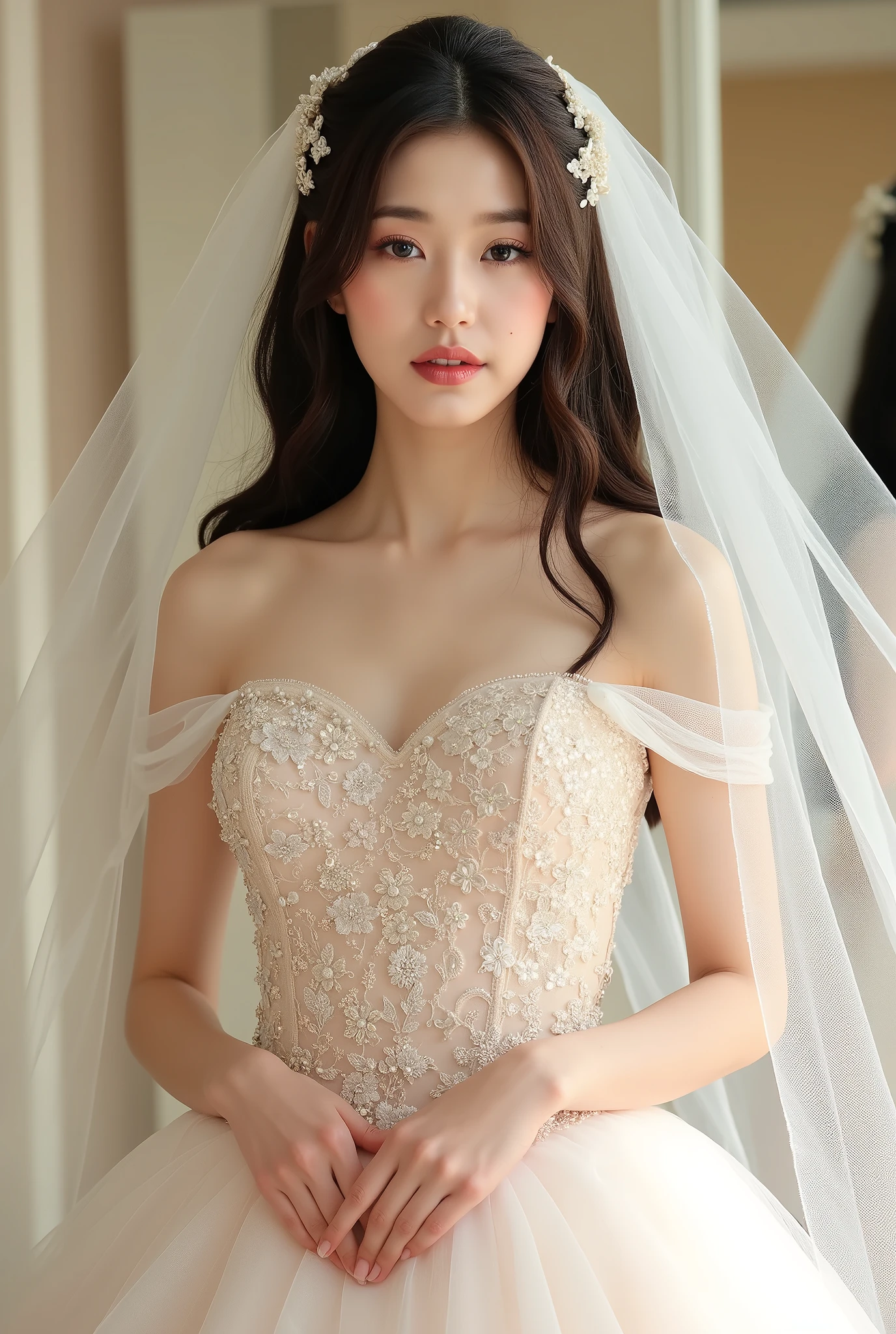 The image showcases a beautiful young korean woman dressed as a bride. She wears an elegant white wedding gown adorned with intricate floral embellishments and shimmering sequins. The dress features an off-the-shoulder design with bustier that accentuate her cleavage, accentuating her delicate shoulders and décolletage. Her long, dark hair cascades gracefully, partially covered by a sheer, flowing veil. She holds the edges of the veil with both hands, lifting it slightly as she gazes softly into the camera with a serene and enchanting expression. The background includes mirrors and soft, neutral tones, adding depth and elegance to the scene. The lighting is gentle and diffused, enhancing the dreamy, romantic atmosphere of the photograph.