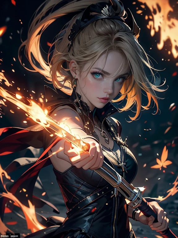 (absurdres, highres, ultra detailed), clean detailed anime art, perfect eyes, 1woman, blond hair, long hair, pony tail, yellow eyes, white skin, samurai, blood on clothes, katana, sheath, katana on sheath, after battle, day, battlefield