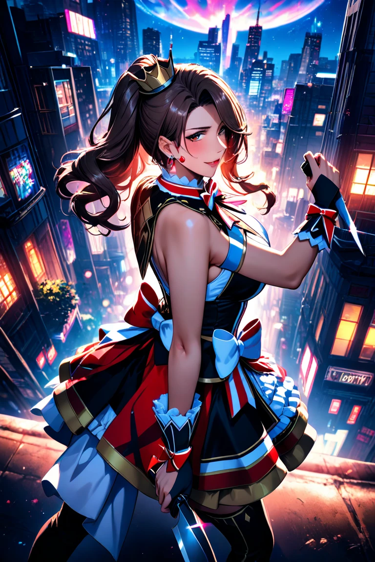 (at night), in a video game scene a background a beautiful city, alone, standing at attention, pink suit, pink jacket, choker, neckline, cut of clothes, earrings, has long bangs in her hair that covers eyes ((hair over eyes)), 1 girl, 20 years old, young woman, perfect hands, beautiful fingers, beautiful long legs, beautiful body, beautiful nose, beautiful character design, perfect face, looking at viewer with gesture serious, he is on a phone call with his cell phone in hand (focusing on his face), mouth closed, Light_Smile, official art, extremely detailed CG unity 8k wallpaper, perfect lighting, bright and colorful front lighting, glowing skin (artwork master: 1.0), (best_quality: 1.0), ultra high resolution, 4K, ultra detailed photography, 8K, HDR, high resolution, nonsense:1.2, Kodak portra 400, film grain, background blur, bokeh:1.2, lens flare , (vibrant_color:1.2), professional photography, (Beautiful, breasts: 1.4), (beautiful_face: 1.5), (narrow waist),
