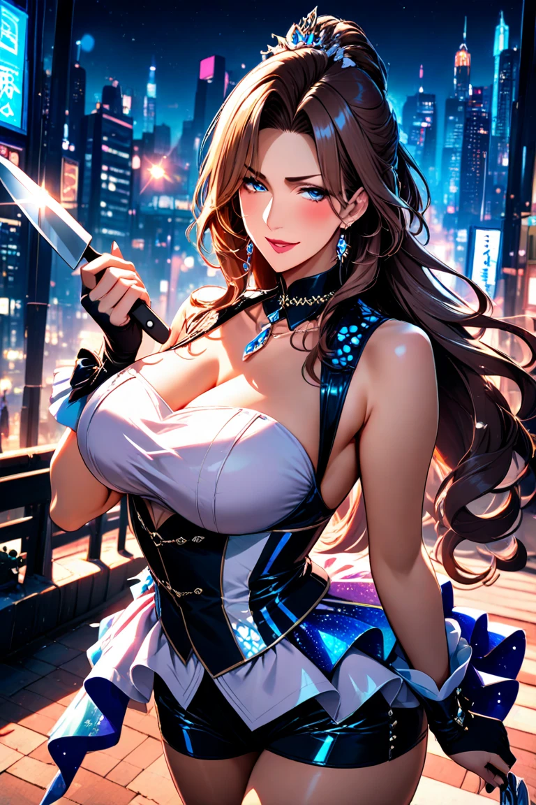 ((Kasumi from dead or alive series)) (beautiful face)(big glowing blue eyes)(red lips) (((very long light brown pony tail hairstyle))) ((very huge breasts) (perfect slim body) (wears sexy blue outfit with black ornament), (shinnobi gauntlets, stocking) (posing sexy alongside sakura garden) (high definition, amazing lights and shadows) ((masterpiece)) (8k) (perfect face) (ultra details) (perfect hands, eyes, and face) ((fighting pose))