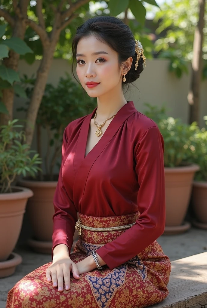 1 girl, hair bun, beautiful girl, ((mmTD burmese patterned traditional dress)), red  dress, floral printed dress, outdoor, perfect light, masterpiece, best quality, ultra detailed, cinematic feels, looking at the viewer, 8k, RAW photo, realistic, photo realistic, intricately detailed, UHD, full HD, ultra resolution