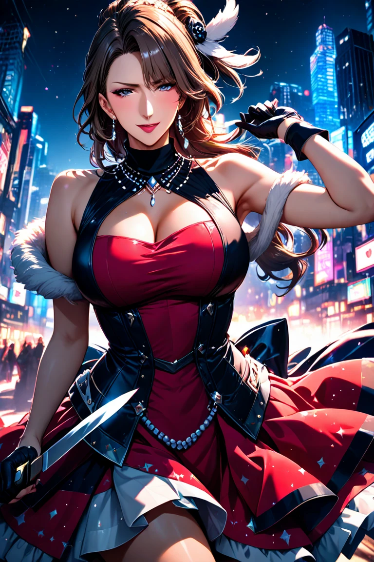 ((Raw photography,top-quality,hight resolution,Ray tracing,nffsw,Best Quality,Post-processing,portlate.3D,PureErosFace_V1:0.7,),(( Shiny dark red leather bondage outfit,golden luxury embroidery,Dark red BDSM,mistress,Bold figure,)))((((short hair hair,Emphasize cleavage,huge tit:4.0,Thin leg,Otto&#39;s eye,Elaborate depiction of limbs,a small nose,Have a perfect body,sleeveless,)))),((tthin eyebrows,long eyelashes,smil,二重まぶた,Vibrant eyes，looking down on viewers,red lipsticks,)),Create beautiful light effects on the background,Light Particle Filter,(finerly detailed face:1.3),chies