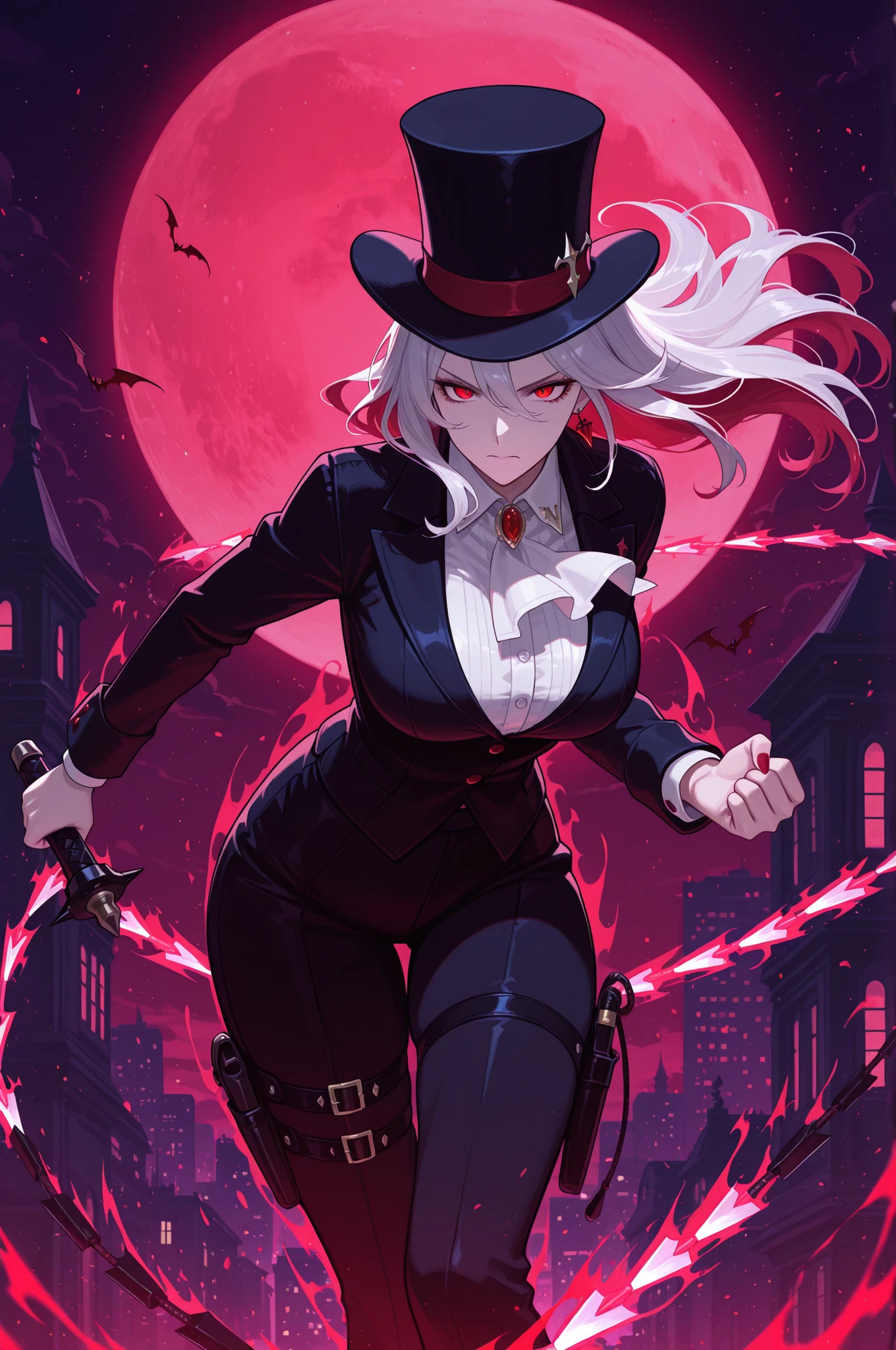1girl,
adult woman,
floating hair,
vampire, 
serious,
top hat,
whip sword, 
thigh holster, 
fighting stance,
leaning forward,
red aura,
city,night,red moon,
mysterious \(theme\), 
masterpiece, best_quality,