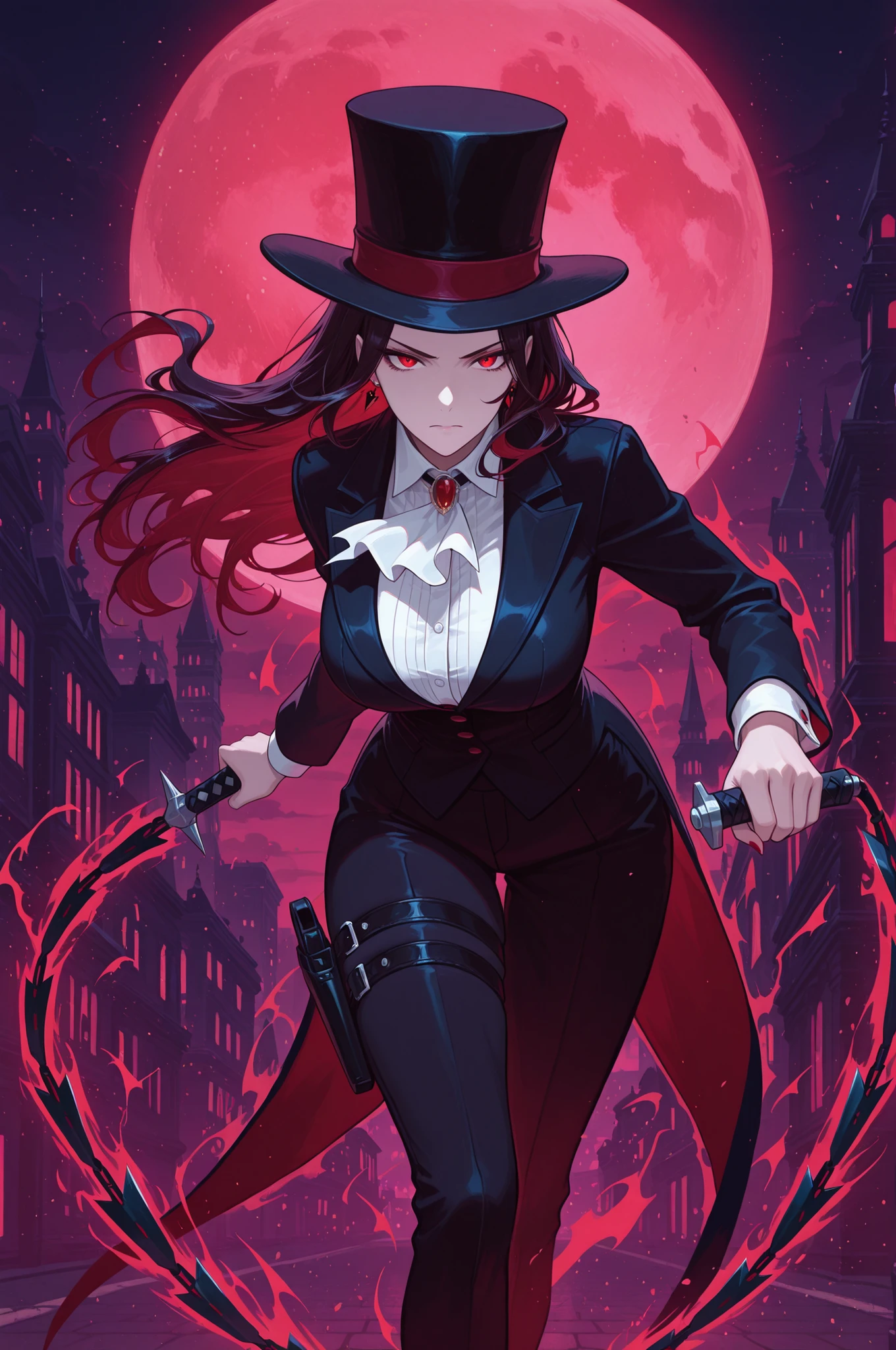 1girl,
adult woman,
floating hair,
vampire, 
serious,
top hat,
whip sword, 
thigh holster, 
fighting stance,
leaning forward,
red aura,
city,night,red moon,
mysterious \(theme\), 
masterpiece, best_quality,