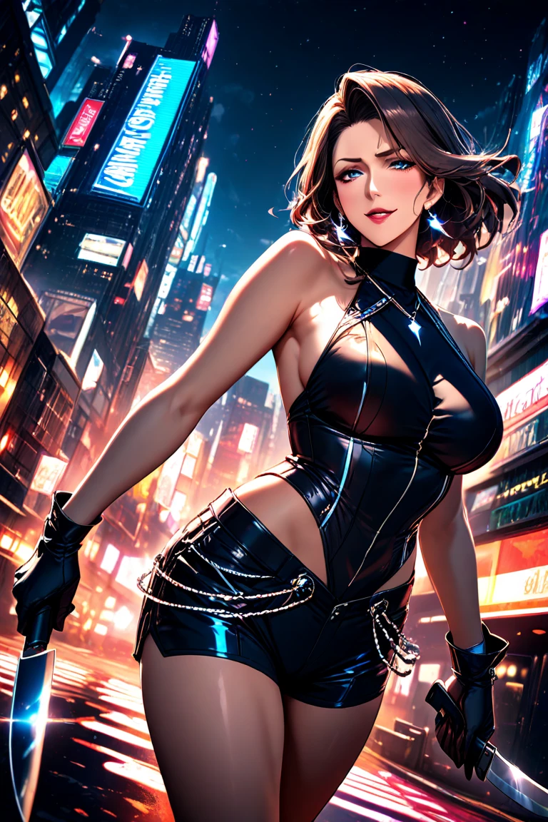 cyberpunk-style city with a nocturnal vibe with Matrix-like aesthetic references, glowing huge clock tower as time machine, green glowing cascading code. At night, (1girl, solo, alone), photorealistic, medium-breast slim:0.6 body, oval:0.5 face, cleavage:1.1, sexy black laced bra, miniskirt, white laced panty, coat, (black micro sunglasses), (aiming with a short gun), (slightly leaning forward running pose), ((half-body thigh level medium shot)), cinematic lighting, ray tracing, radial zoom blurred background.