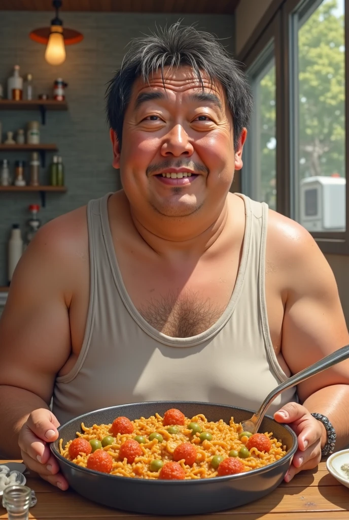 Man, Asian, 50 years old, Fat, Chubby, wearing glasses, Shirtless, take off shirt, wearing a white hat, wearing an apron, cooking, being a chef, in the kitchen, stained, dirty, wet, Top view, Look up, sharp image, light beautiful.