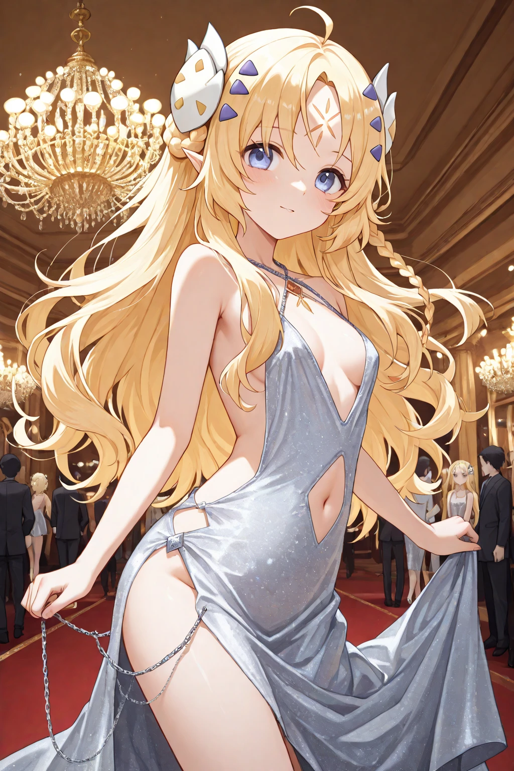 dutch angle,(looking at viewer),pastel yellow long wavy hair,(white skin), (blunt bangs), eyelash, classy purple net lace dress, midnight party, red carpet, elegant, classy smile,