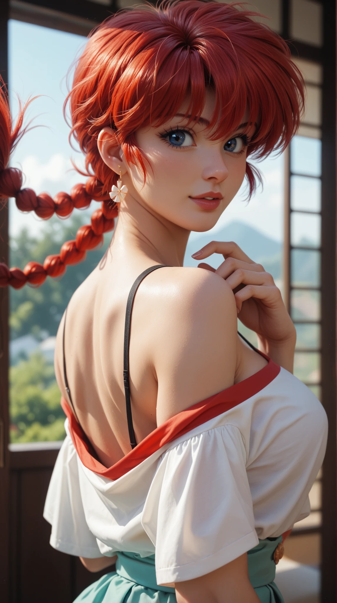 beautiful woman with orange hair (mega twintails) 8k, masterpiece, highly detailed, nude, large breasts, exposed breasts, full body, solo, squatting, Garden, Flowers.
