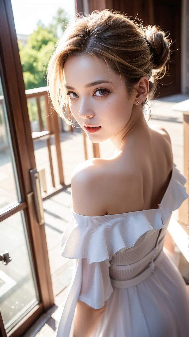 (8k, Best Quality, Masterpiece:1.2),(hair_style) ,(Realistic, Photorealistic:1.37), Best Quality, Masterpiece, Shot on wooden deck with sky and sea view in summer sunshine, [Small breasts], Backlight, Camera angle from waist up, Angle from behind, Pose with hair up with hands, Shot in natural light from morning to noon, Hairstyle and fashion style according to the Japan trend of 2023, realistic, lifelike, super detailed, beautiful face, 30s, actress, half Japan and half Russian, elaborate CG, slender, cute, mature, hairstyle is a short bob cut that matches the fashion of Japan in 2023 and hair fluttering in the wind, delicate skin type, fine details and softness of hair, The model's hair color is slightly bright and soft, and for glossy makeup and fashion style, choose an oversized T-shirt that matches the summer trend of 2023 and combine it with light pastel colors for a casual look.