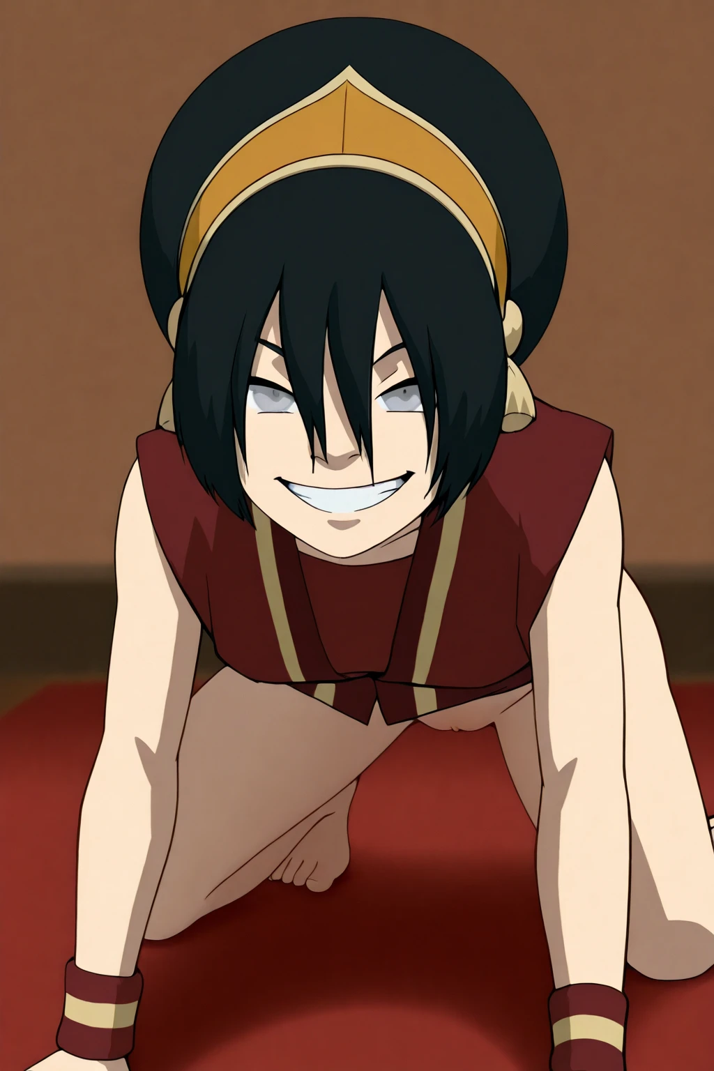 <lora:TophIllustrious1.0JLFO:1>TophAVA, solo, black hair, red clothing, smile, hair between eyes, grey eyes, 1girl, grin,  wristband, yellow hairband ,nude,uncensored,show anus,smile,get down 