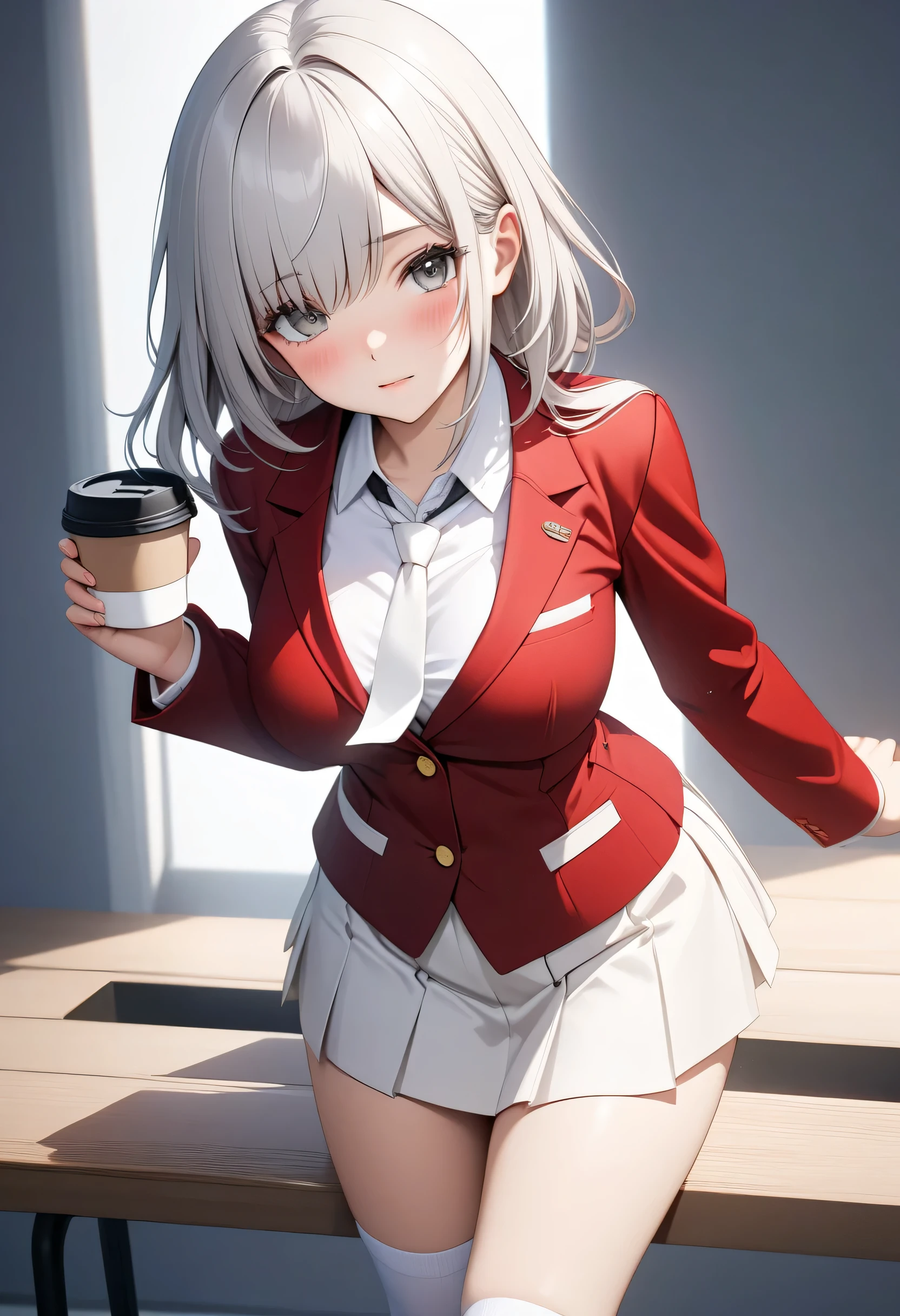 masterpiece, Excellent quality, high resolution photo, perfect pixels , depth of field , 4k, RTX, hdr)), Girl alone, standing, medium black, modeling arching the body a little , beautiful face, well-defined features , innocent look, straight light silver hair to the middle of the back, gray eyes, well-proportioned body, (cara detallada, blush: 1.1), (smooth texture: 0.75, realistic texture : 0.65, photorealistic : 1.1, anime cg style), d cup breasts, ( wears elegant red jacket with yellow buttons , white collar school blouse , white tie, white plank miniskirt in white with bright red on the lower part, white socks, School shoes, black necklace or , is holding a cup of coffee with one hand, while closing one eye from the front, bare eyes white background