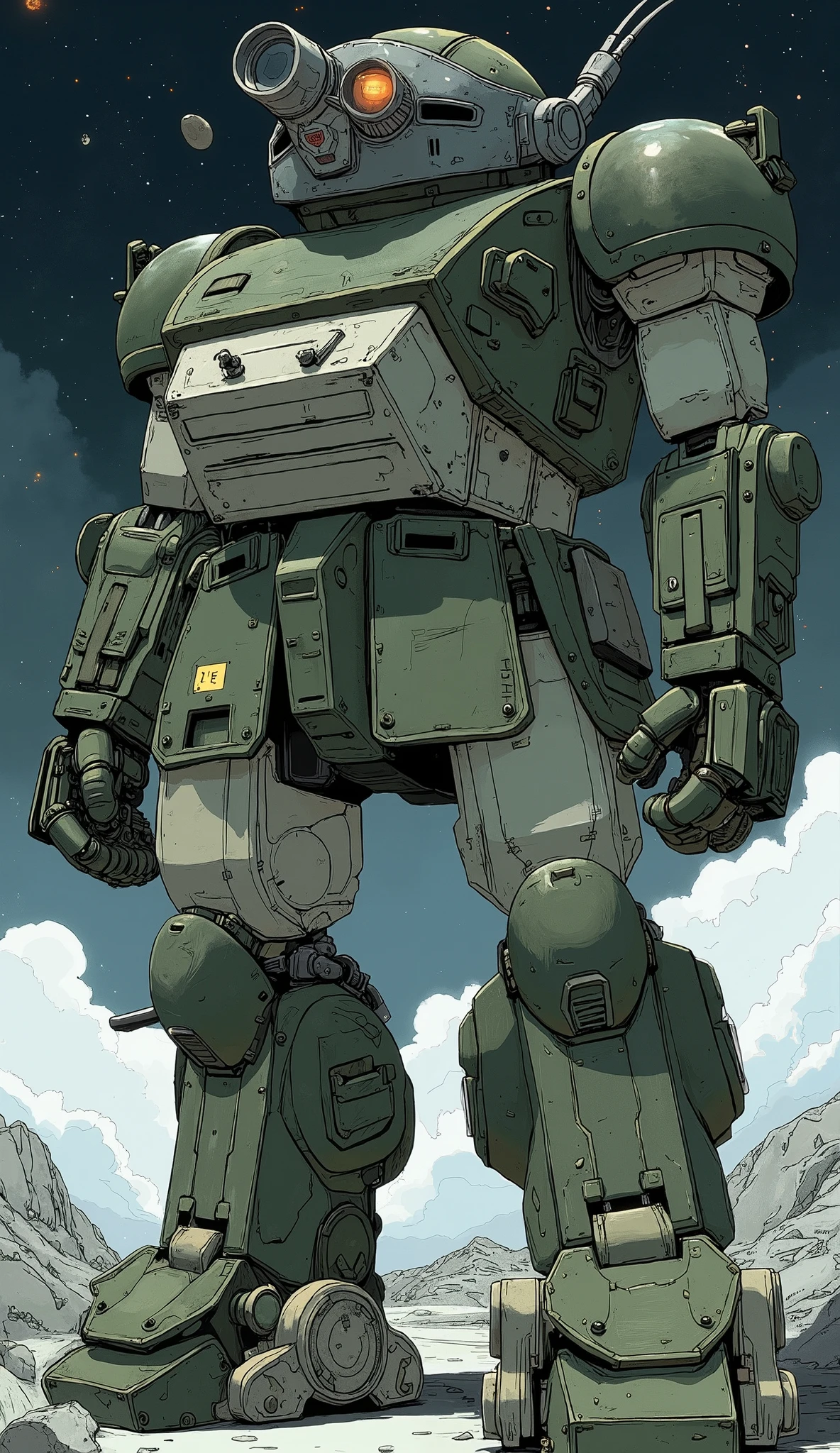 ATM-09-ST scope dog、robot close-up、Close up of a, Zaku, Gouf  mobile suit, katsuhuro otomo very detailed, kit bash, Mech Warrior,   High Quality Masterpiece  , 「The giant of Erebos, Dark Green, Gouf , Mech Suit, Combat Mecha Outfit, Space Marines , Action Figure Mecha, very detailed level