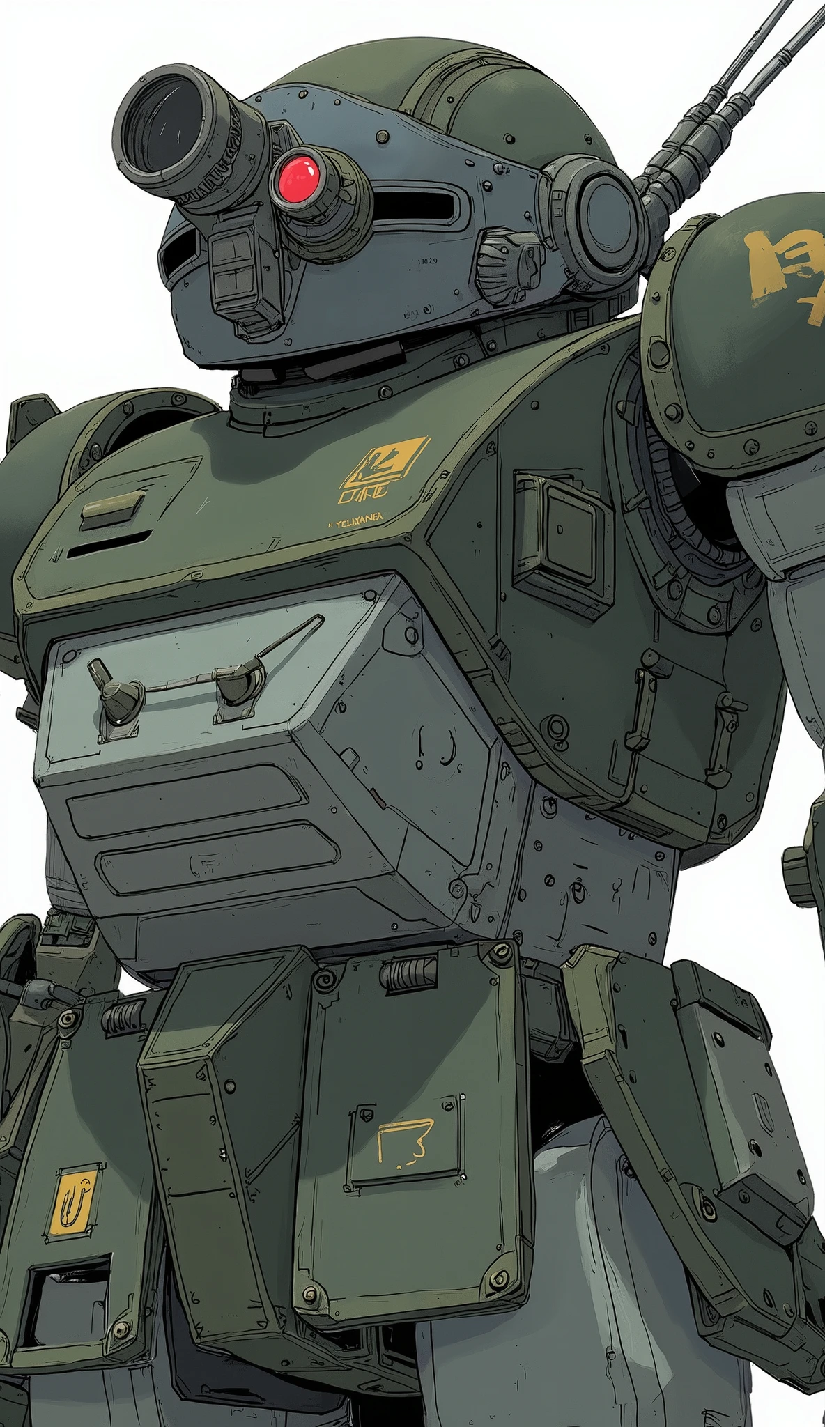 ATM-09-ST scope dog、robot close-up、Close up of a, red left shoulder armor, Gouf mobile suit, katsuhuro otomo very detailed, kit bash, Mech Warrior, High Quality Masterpiece , 「The giant of Erebos, Dark Green, Gouf , Mech Suit, Combat Mecha Outfit, Space Marines , Action Figure Mecha, very detailed level