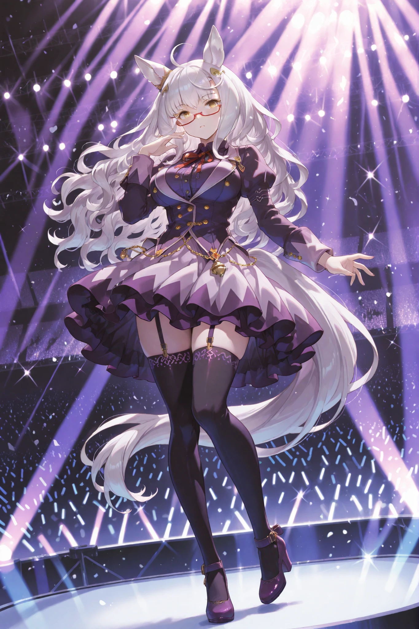 biwa hayahide\(umamusume\) horse tail, ahoge, hair ornament, wavy hair, white hair, yellow eyes, glasses, animal ears, ear ornament, large breasts semi-rimless eyewear, under-rim eyewear, red-framed eyewear, long sleeves, neck ribbon, red ribbon, puffy sleeves, juliet sleeves, buttons, purple shirt, dress, jacket, purple skirt, bell, miniskirt, zettai ryouiki, garter straps, black thighhighs, purple footwear, high heels, on a dazzling stage at a large live venue, close-up shot, intense stage lighting focusing on her, capturing her energetic expression, 'Umapyoi-like' pose.