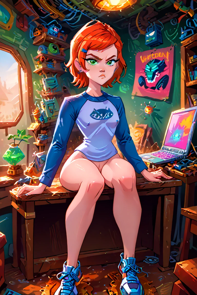 score_9, score_8_up, score_7_up, score_6_up, score_5_up, score_4_up, (Sunset Shimmer from equestria girls), solo, 1girl, sunset shimmer focus, movie accurate equestria girls, detailed, naked, nsfw, beautiful, female, vector, medium breasts, abs, vulva, fully nude body, athletic, cute, (glow from tv), gaming, (sitting in gaming chair, in loft, controller in hand, sitting on vibrator, (orgasm, lip bite, eyes half open, groan, wet vagina), wearing gaming headset, (climax)