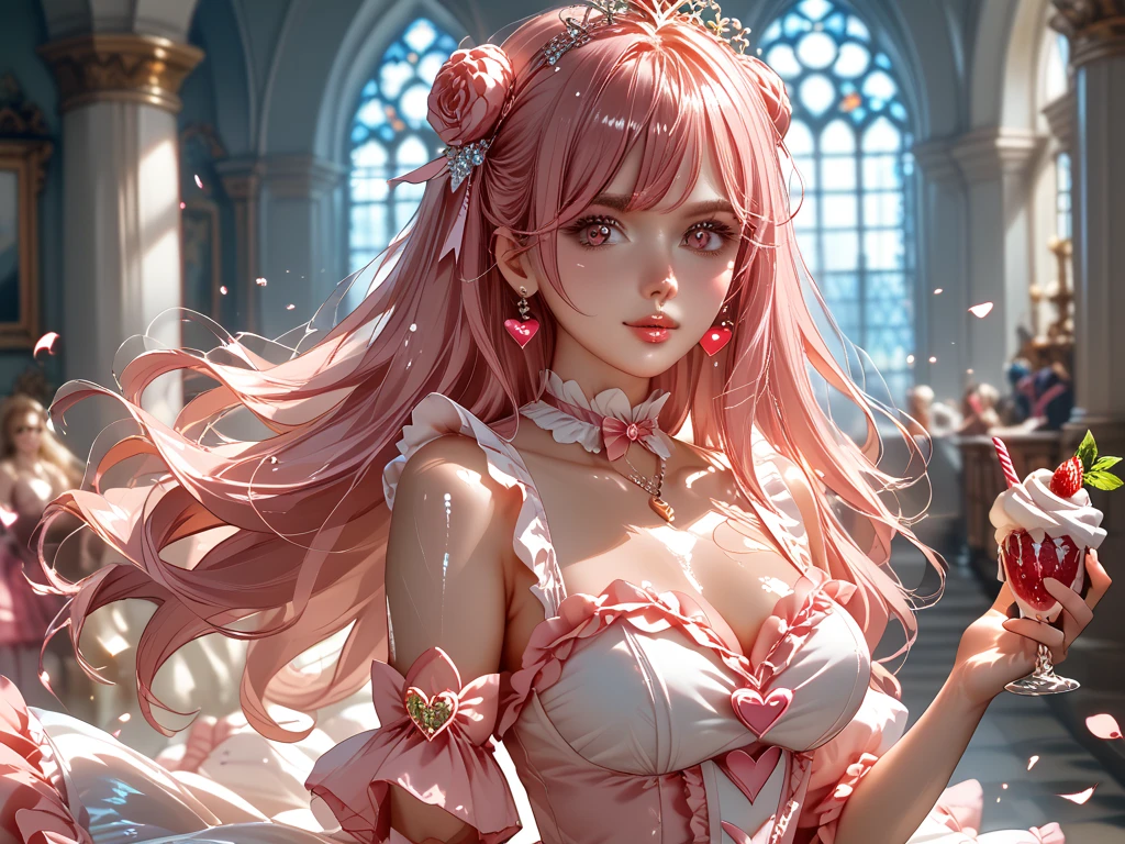 (8K, masutepiece, Highest Quality, Best Quality, Official art, Breathtaking beauty and aesthetics, A highly detailed, The best masterpiece in history that exceeds limits, Breathtaking and beautiful lighting:1.2), (1 Beautiful Girl, Solo), (16 years old), (Beautiful detailed face), (shiny white skin), (Beautiful detailed pink twin tails hair, Bangs:1.3), (beautiful detailed drooping pink eyes:1.5), break, (Beautiful detailed Luxurious white lingerie, Beautiful detailed white See-through intricate lace bra and panties, cute bow ribbon, cute frills, silver thread), (Beautiful Luxurious Diamonds Tiara), (Beautiful big bust:1.3), (happy Beautiful Gentle cute innocent smile), (Attractive, amazing, Elegant, Luxurious, Eye-catching, Graceful, Everyone loves it, Beauty that fascinates everyone, Healed, The highest level of complete beauty, cute like an idol, Stylish like a fashion model, Goddess-like grace, Look at the camera, cute pose), (ultra detailed realistic Breathtakingly beautiful Luxurious room:1.2),