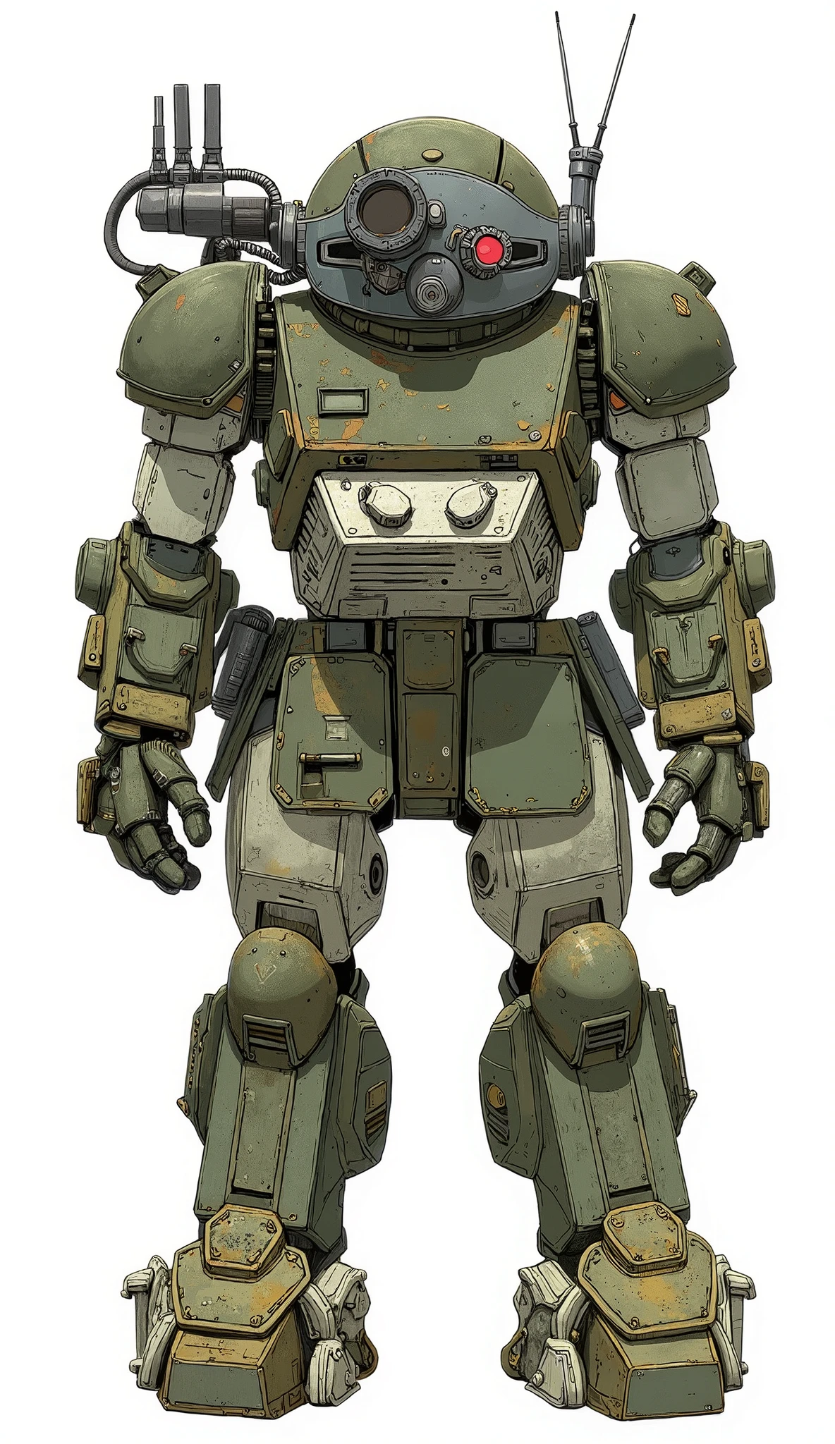 ATM-09-ST スコープドッグ、後ろ姿、A highly detailed model depicts a futuristic armored suit reminiscent of sci-fi and military design. The suit is predominantly olive green, featuring various shades to accentuate depth and complexity in its mechanical construction. It stands upright with a robust, imposing frame, composed of angular panels and intricate joints. The legs are marked with weathered yellow and brown tones on the feet, suggesting use in rugged terrains or battle scenarios. The open cockpit reveals a pilot seated inside, wearing a camouflage outfit. Surrounding the pilot are numerous mechanical components and control interfaces, giving an impression of advanced technology. The suit's upper section is equipped with a helmet-like dome, incorporating what appears to be communication equipment or sensors. The lighting highlights the texture of the armor and the detailed design, giving a realistic and immersive feel to the model.