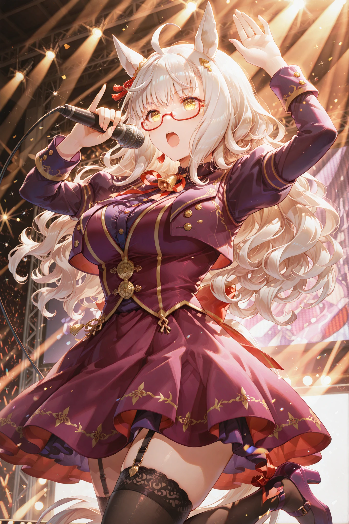 Umapyoi,hands up,biwa hayahide\(umamusume\) horse tail, ahoge, hair ornament, wavy hair, white hair, yellow eyes, glasses, animal ears, ear ornament, large breasts semi-rimless eyewear, under-rim eyewear, red-framed eyewear, long sleeves, neck ribbon, red ribbon, puffy sleeves, juliet sleeves, buttons, purple shirt, dress, jacket, purple skirt, bell, miniskirt, zettai ryouiki, garter straps, black thighhighs, purple footwear, high heels, holding a microphone and singing, on a dazzling stage at a large live venue, close-up shot, intense stage lighting focusing on her, capturing her energetic expression, 'Umapyoi-like' pose.