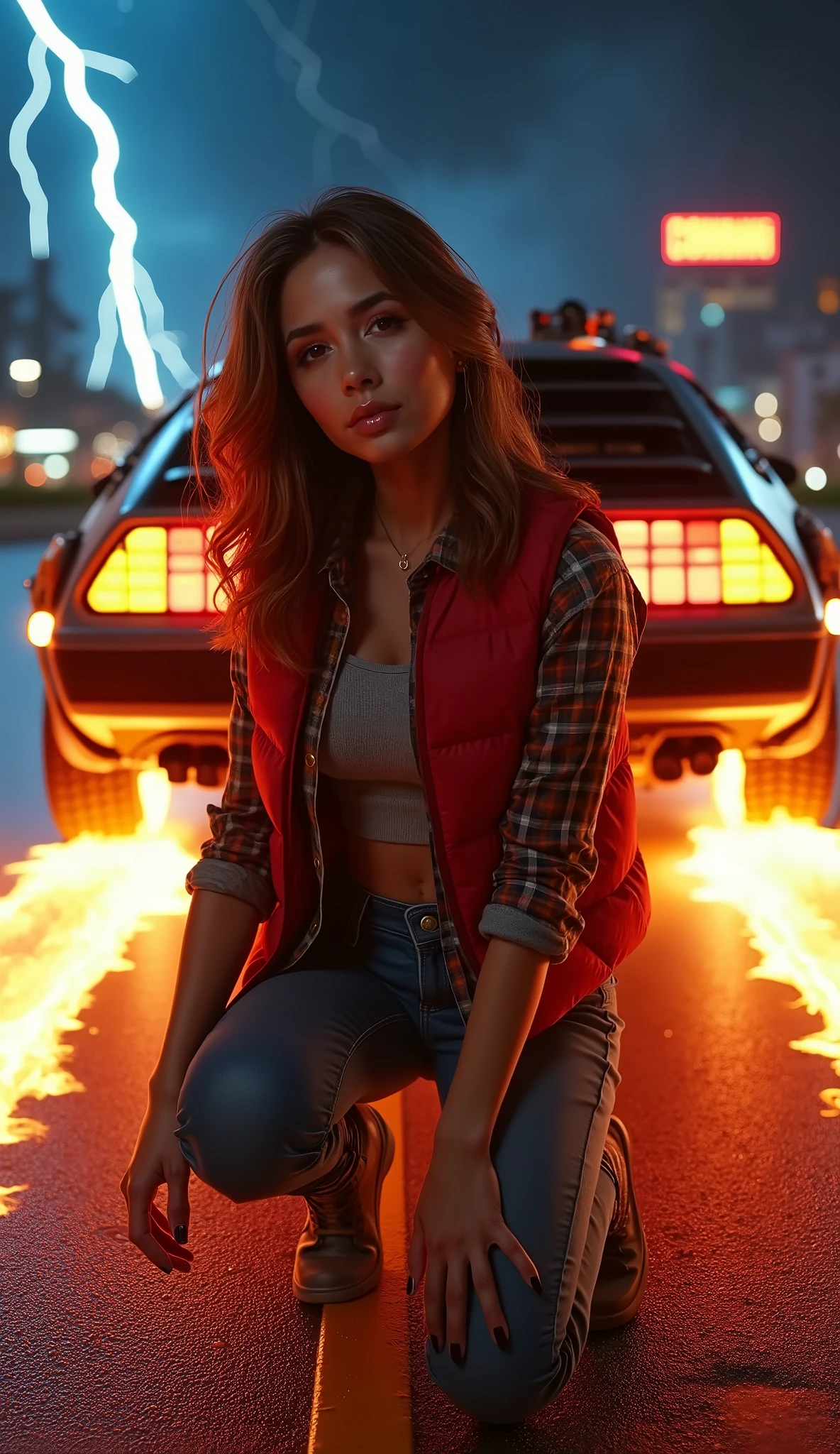 ultra-photorealistic 8K photography, vertical (9:16), bust shot of seductive model in dynamic pose (crouching near flaming tire track, one hand resting on knee:1.7), subtle mysterious smile directed at viewer, wearing reimagined Marty McFly outfit:  a tight cropped plaid shirt, sleeveless denim jacket, and a snug red puffer vest left open. Her sleeves are stylishly rolled, high-waisted acid-wash jeans, behind her: (rear view of 1981 DeLorean DMC-12 identical to Back to the Future Part I:1.9) with glowing flux capacitor, flaming tire tracks embedding molten asphalt, (ionized plasma trails:1.8) emitting intense cobalt-blue electricity, lightning bolts striking ground near time circuits, cinematic volumetric moonlight, shallow depth of field, distant Hollywood sign under thunderstorm night sky, (dramatic backlight accenting model's silhouette and smoke:1.5), Canon EOS R3, 24mm f/1.4 lens, night photography, (((strictly preserve LoRA facial structure and signature hairstyle))), --ar 9:16 --style flux --renderer octane --quality 2 --night_theme, (electrical arcing between time circuits:1.3) , moonlight subsurface scattering on skin, seductive smile