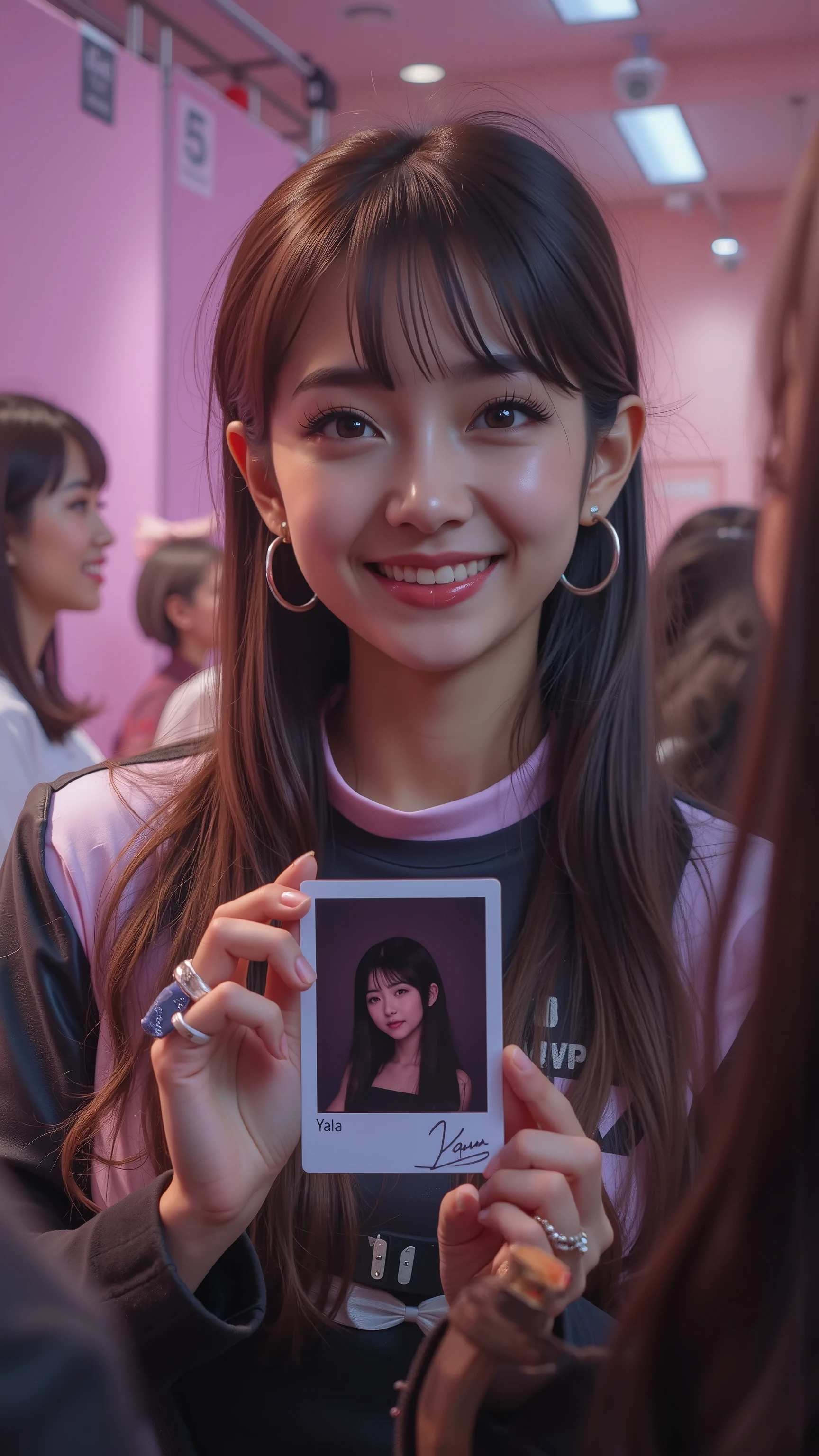A Japanese idol girl smiling brightly in a photo booth during a fan meet event, holding a signed polaroid photo, but a dark silhouette looms in the background, photorealistic, cinematic tension, pink and white colors with dark contrast