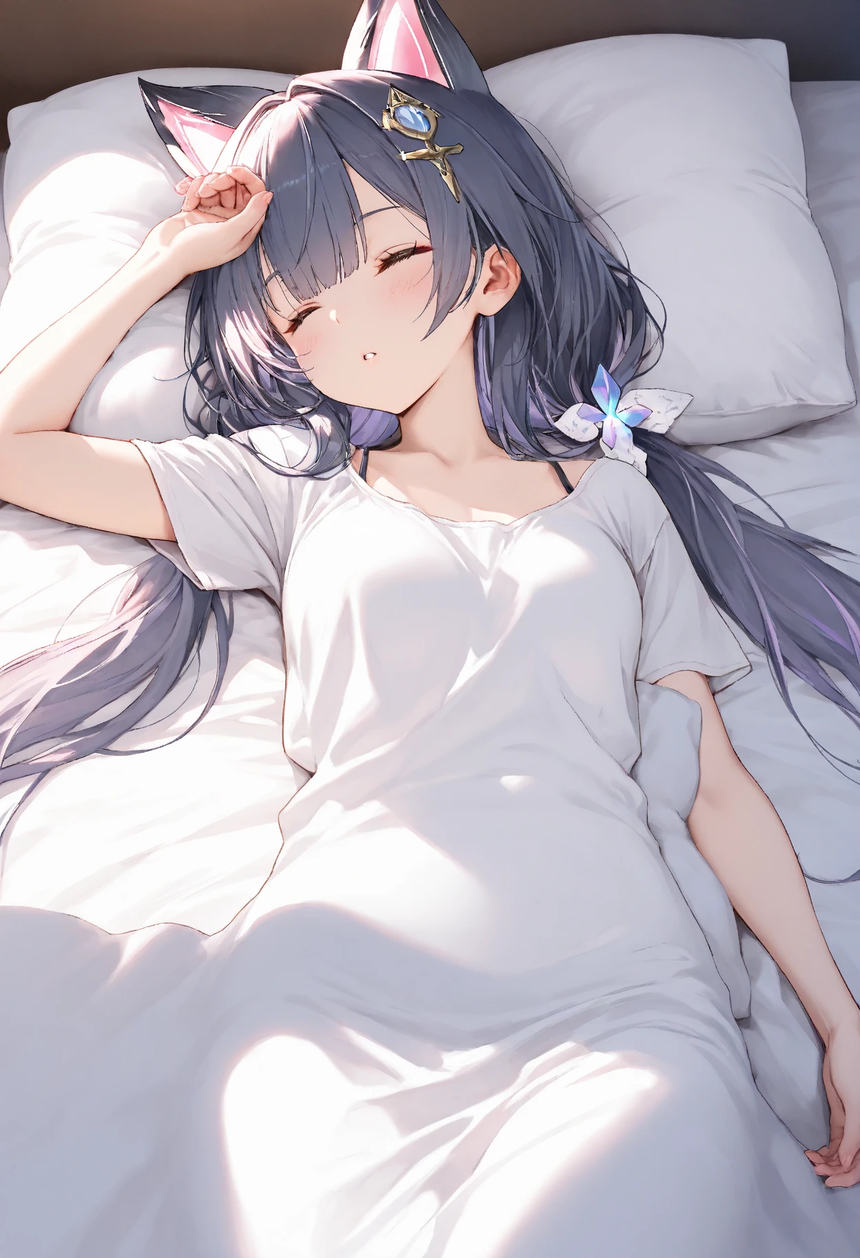 high quality, 最high quality、 Stylish design, (((The cutest girl))), ((Thin legs))、(((最high quality))), High resolution, ((detailed)), ((masterpiece)), ((Super detailed)), 24 year old girl、(Inner Color)、((Lying on your back in bed)),((Light clothing,underwear)),((Sexual)),(((Shyness,Eyes closed)))