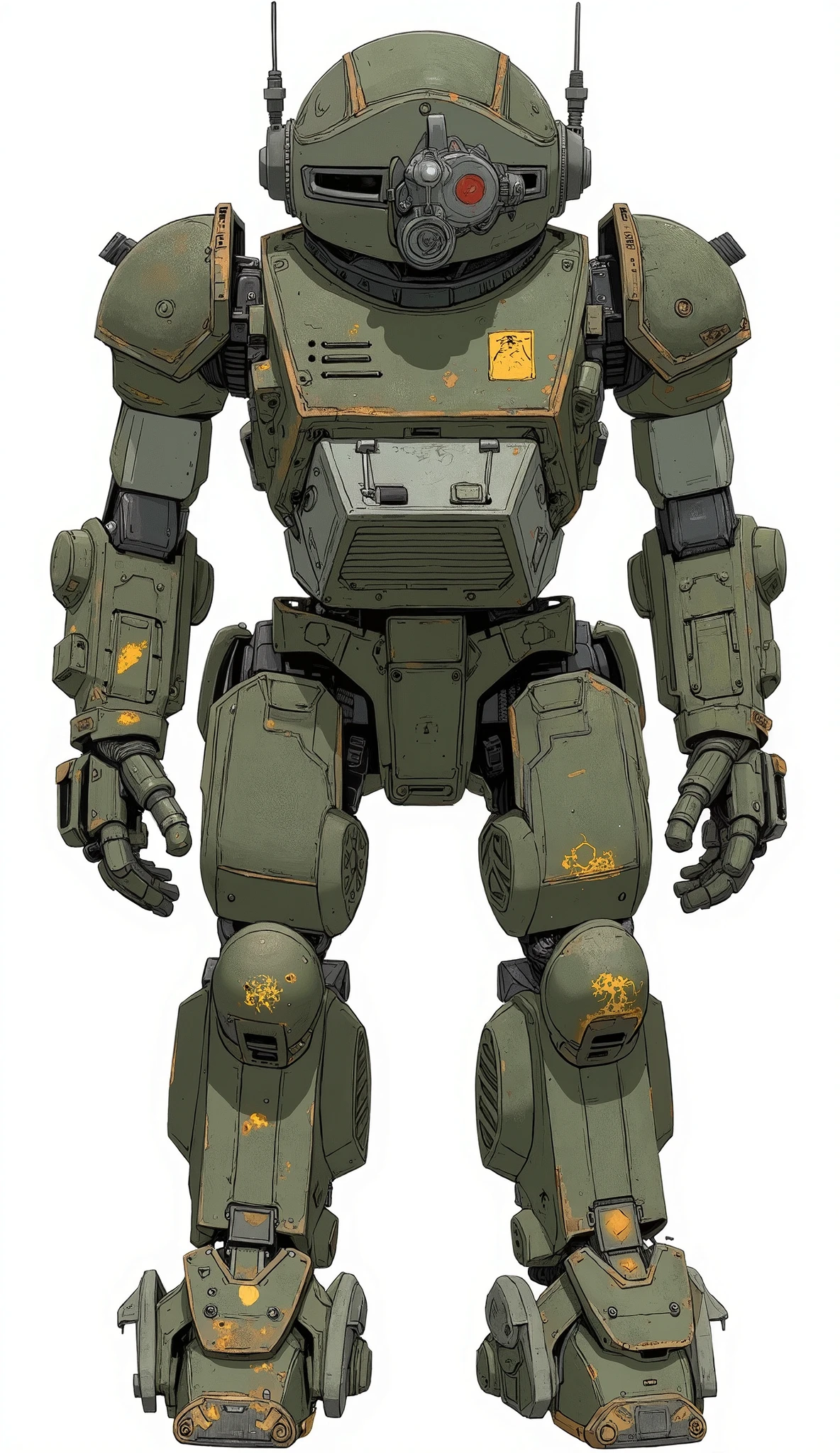 ATM-09-ST scope dog、a very elaborate model、suggests use in rough terrain and combat scenarios。with a frame that looks like、Mr.々model consists of angular panels and intricate joints It gives a realistic and immersive feeling。weathered tones of yellow and brown remain on the legs,、Sturdy and sturdy々and stands upright。lighting highlights the texture of the armor and detailed design,、of colors emphasizes the depth and complexity of the mechanical structure。impresses with、The robot is mostly olive green and。represents a futuristic armored robot reminiscent of SF or military design、advanced technology in the open cockpit。On the top of the suit,、of a helmet with numerous mechanical parts and control interfaces arranged to surround the pilot {x} and incorporates what appears to be a communication device or sensor It is equipped with a dome like。is seated by a pilot in camouflage suit、The。