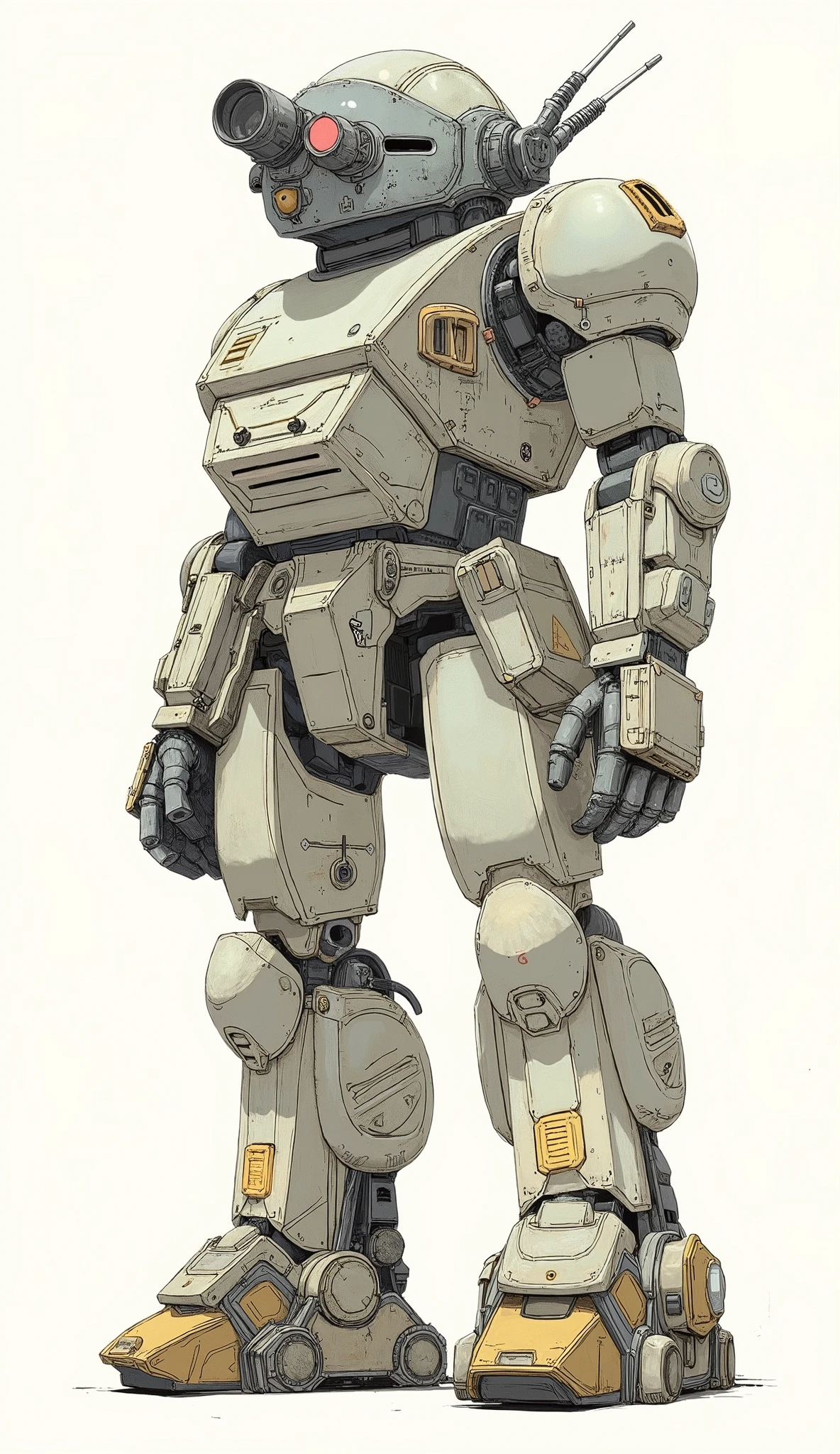ATM-09-ST scope dog、profile、a very elaborate model、suggests use in rough terrain and combat scenarios。robot is mostly off-white、Mr.々model consists of angular panels and intricate joints It gives a realistic and immersive feeling。weathered tones of yellow and brown remain on the legs,、Sturdy and sturdy々and stands upright。lighting highlights the texture of the armor and detailed design,、of colors emphasizes the depth and complexity of the mechanical structure。At the top of the robot, the、of a helmet with numerous mechanical parts and control interfaces arranged to surround the pilot {x} and incorporates what appears to be a communication device or sensor It is equipped with a dome like。is seated by a pilot in camouflage suit、The。