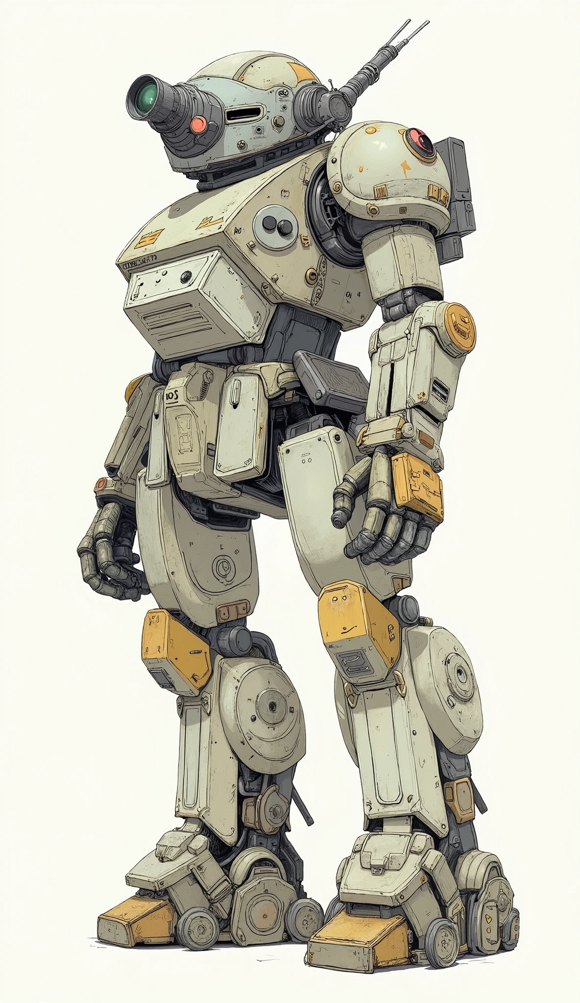 ATM-09-ST scope dog、profile、a very elaborate model、suggests use in rough terrain and combat scenarios。robot is mostly off-white、Mr.々model consists of angular panels and intricate joints It gives a realistic and immersive feeling。weathered tones of yellow and brown remain on the legs,、Sturdy and sturdy々and stands upright。lighting highlights the texture of the armor and detailed design,、of colors emphasizes the depth and complexity of the mechanical structure。At the top of the robot, the、of a helmet with numerous mechanical parts and control interfaces arranged to surround the pilot {x} and incorporates what appears to be a communication device or sensor It is equipped with a dome like。is seated by a pilot in camouflage suit、The。