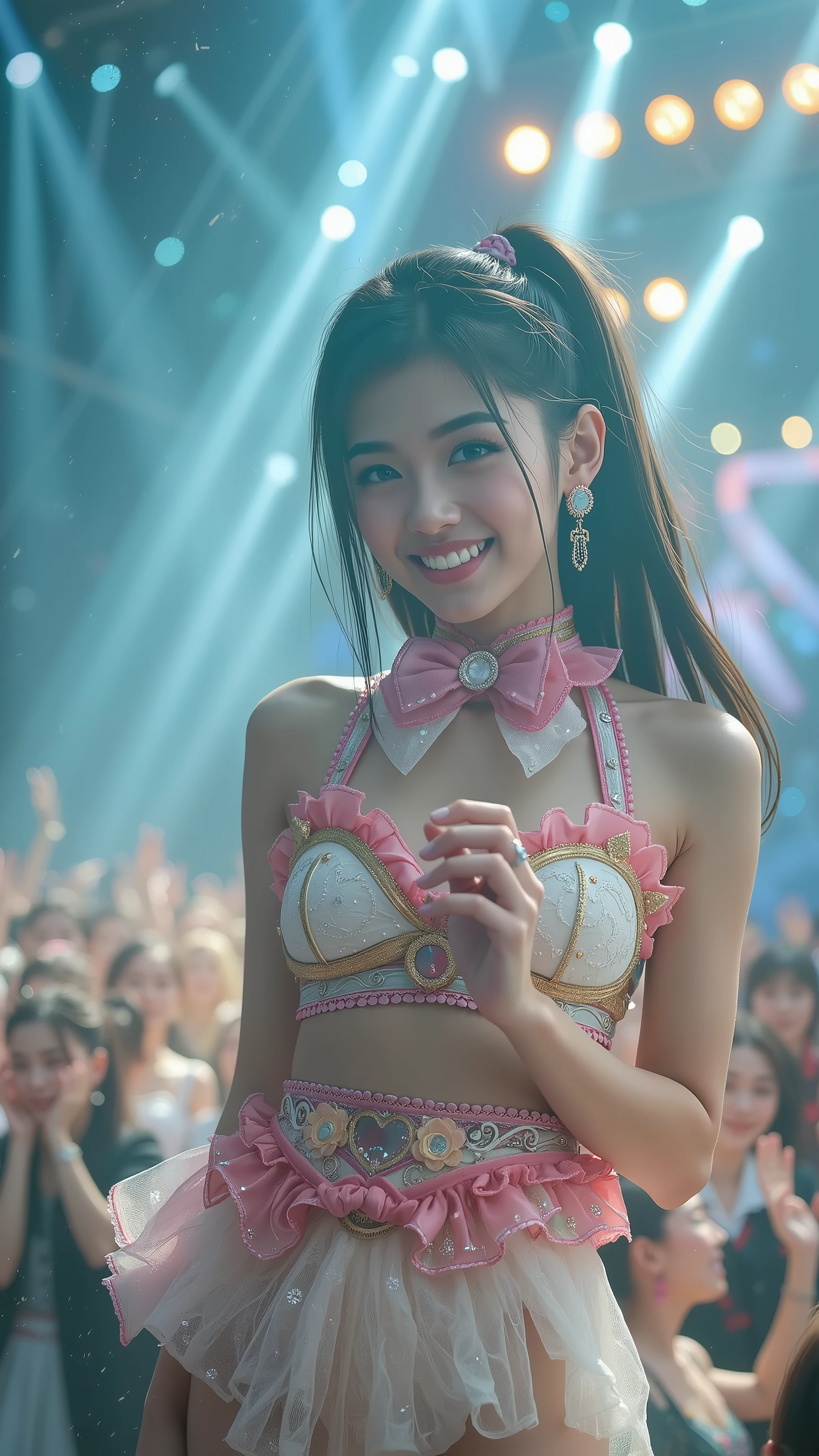 A cute Japanese female idol on stage, smiling brightly under colorful stage lights, wearing a pink frilly idol costume, energetic pose, large cheering crowd in the background, photorealistic, cinematic lighting, concert atmosphere, sharp detail, 4K realism